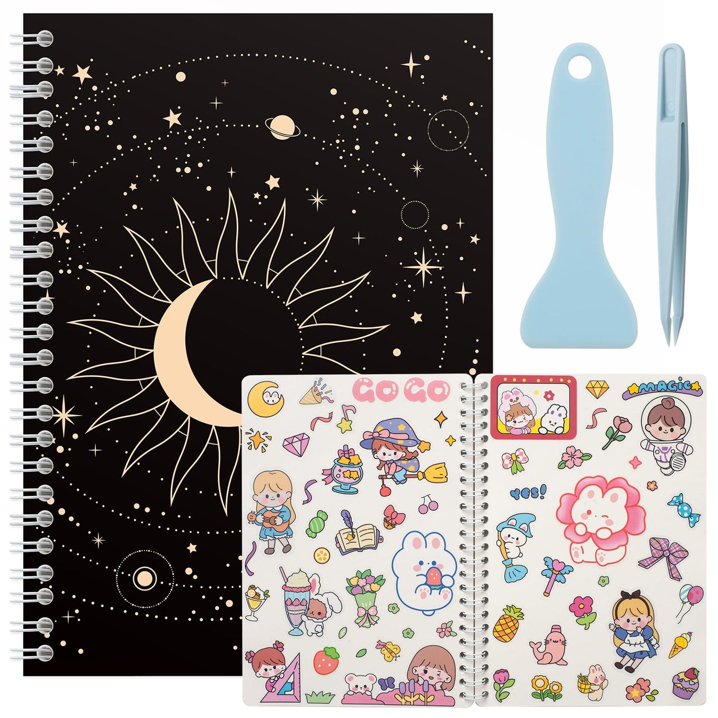 SUNEZLGO A5 Reusable Sticker Book – 60 Sheets, Tweezer & Spatula, Black