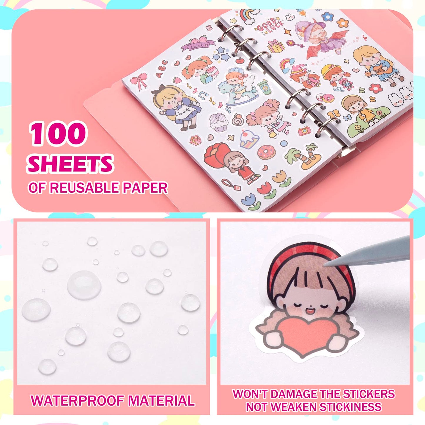 SUNEZLGO Reusable Sticker Album with Pockets – 100 Sheets, Tweezers & Spatula (A6)