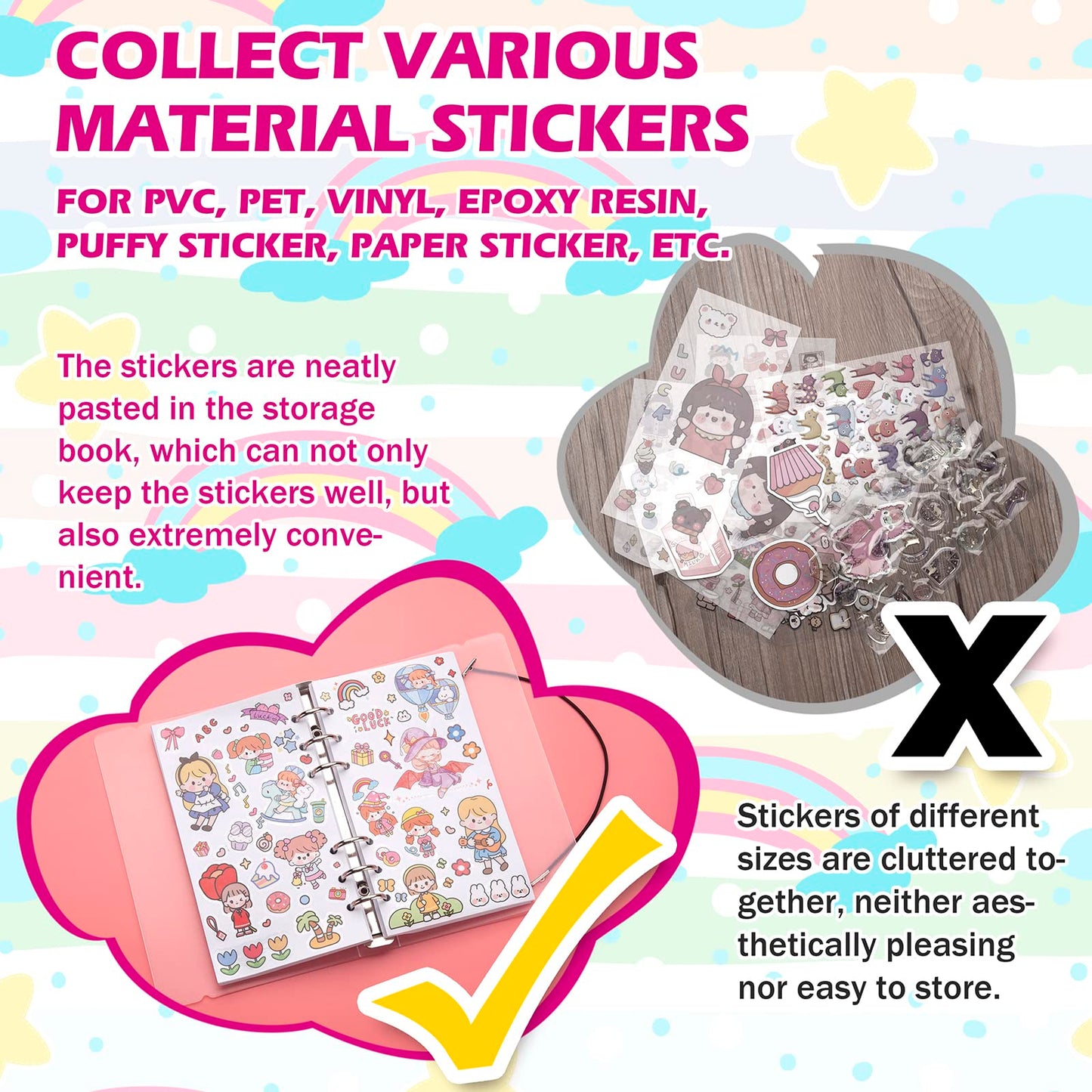 SUNEZLGO Reusable Sticker Album with Pockets – 100 Sheets, Tweezers & Spatula (A6)