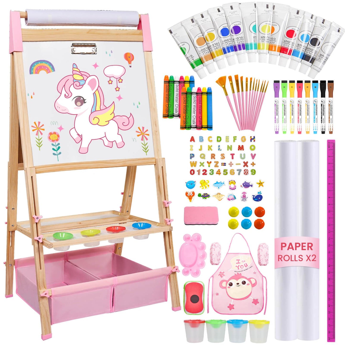 SUNFATT Kids Easel — Adjustable Wooden Art Easel with 119+ Supplies | Double-Sided Magnetic Chalkboard & Whiteboard