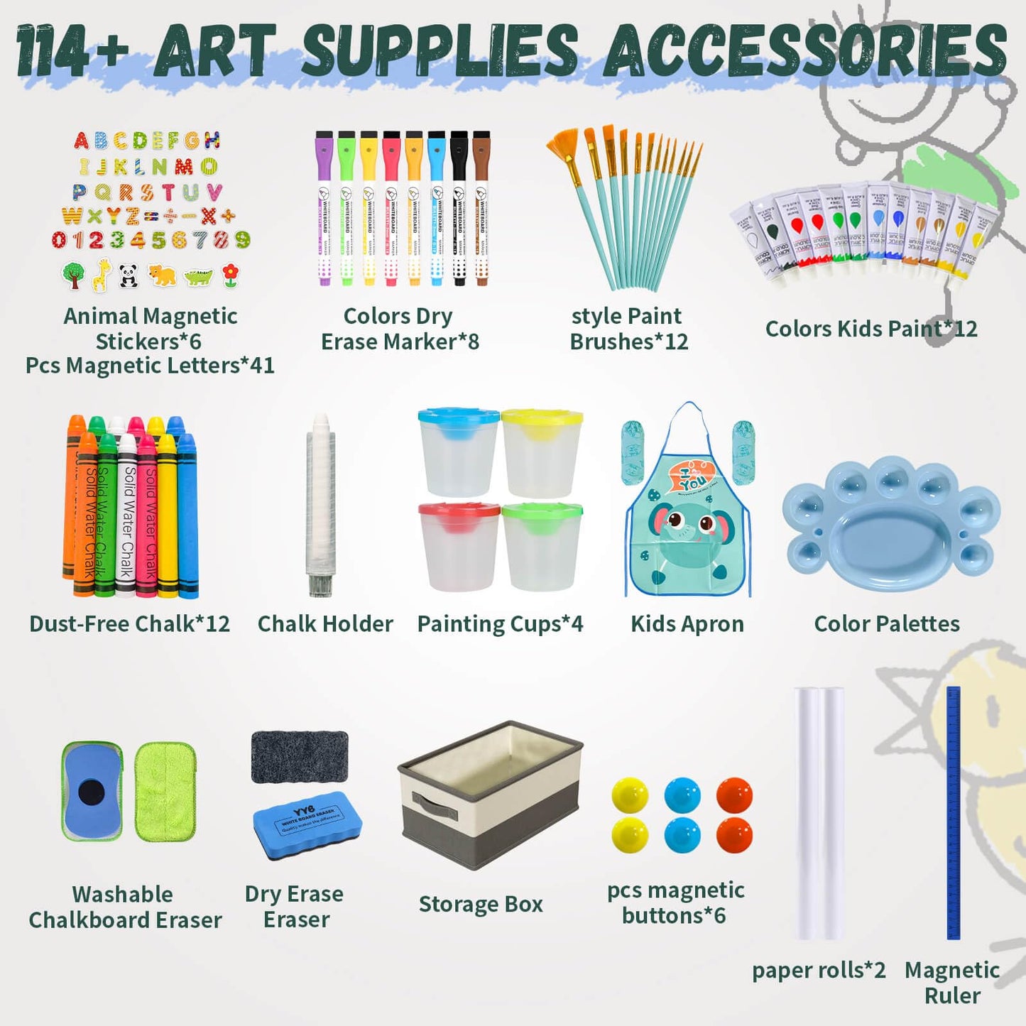 SUNFATT Adjustable Kids Easel – 3-in-1 Magnetic Chalkboard & Whiteboard with 114+ Art Supplies