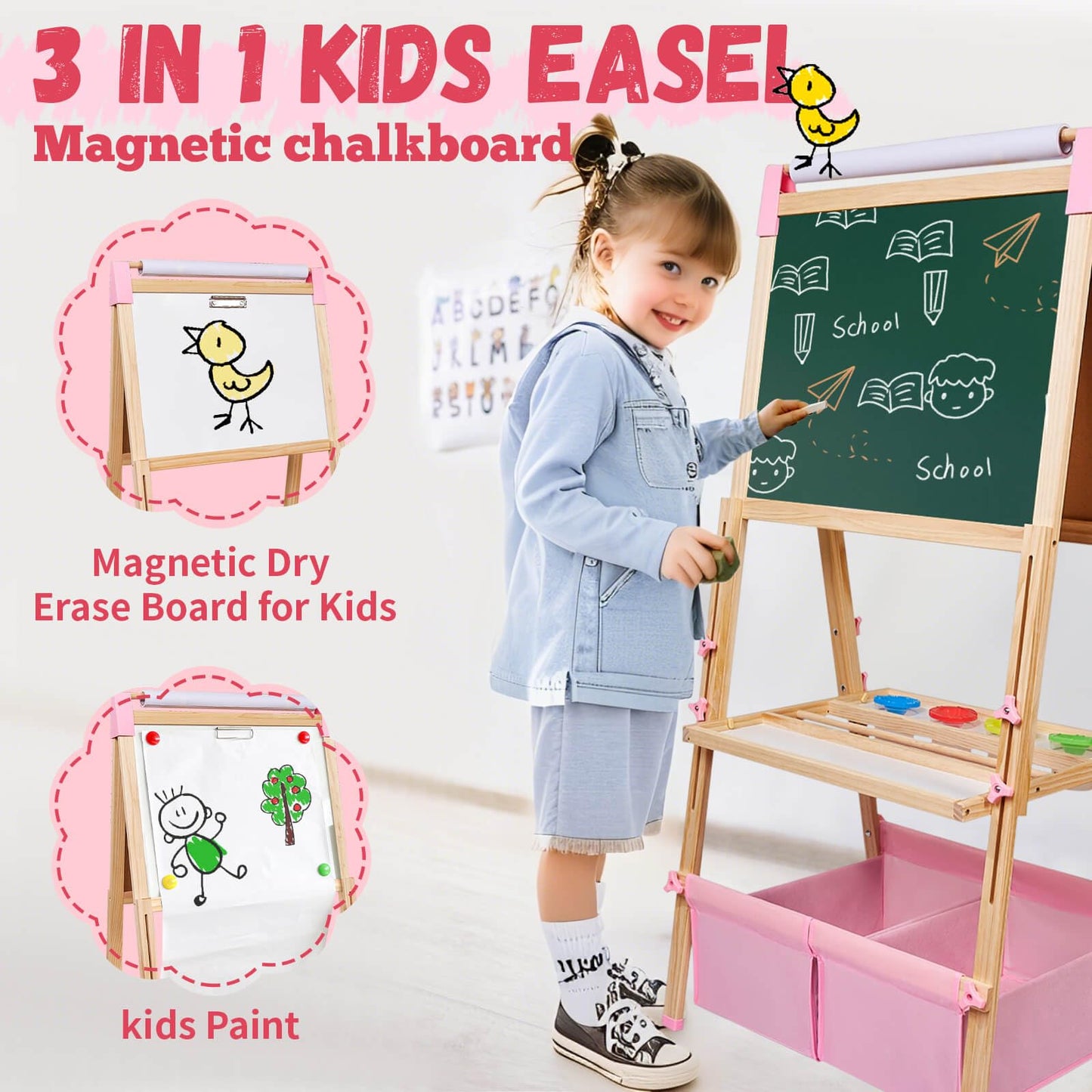 SUNFATT Kids Easel — Adjustable Wooden Art Easel with 119+ Supplies | Double-Sided Magnetic Chalkboard & Whiteboard