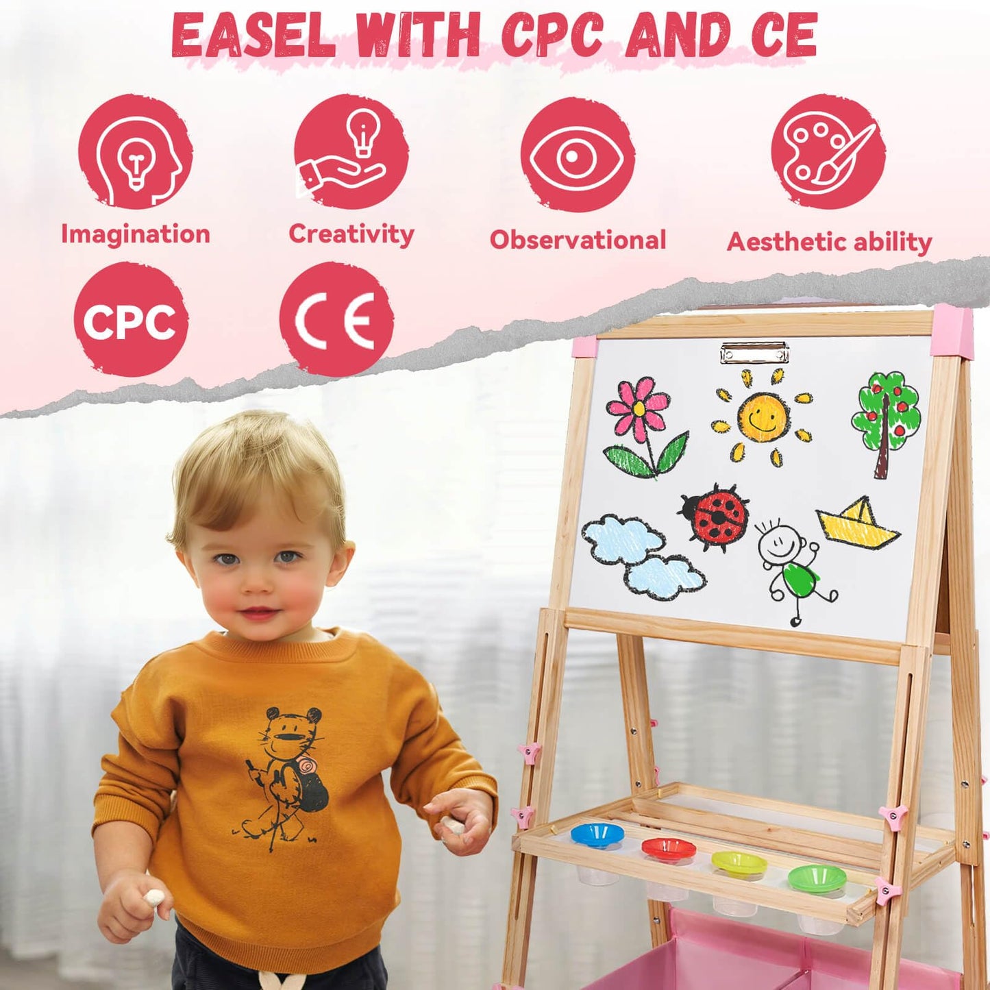 SUNFATT Kids Easel — Adjustable Wooden Art Easel with 119+ Supplies | Double-Sided Magnetic Chalkboard & Whiteboard
