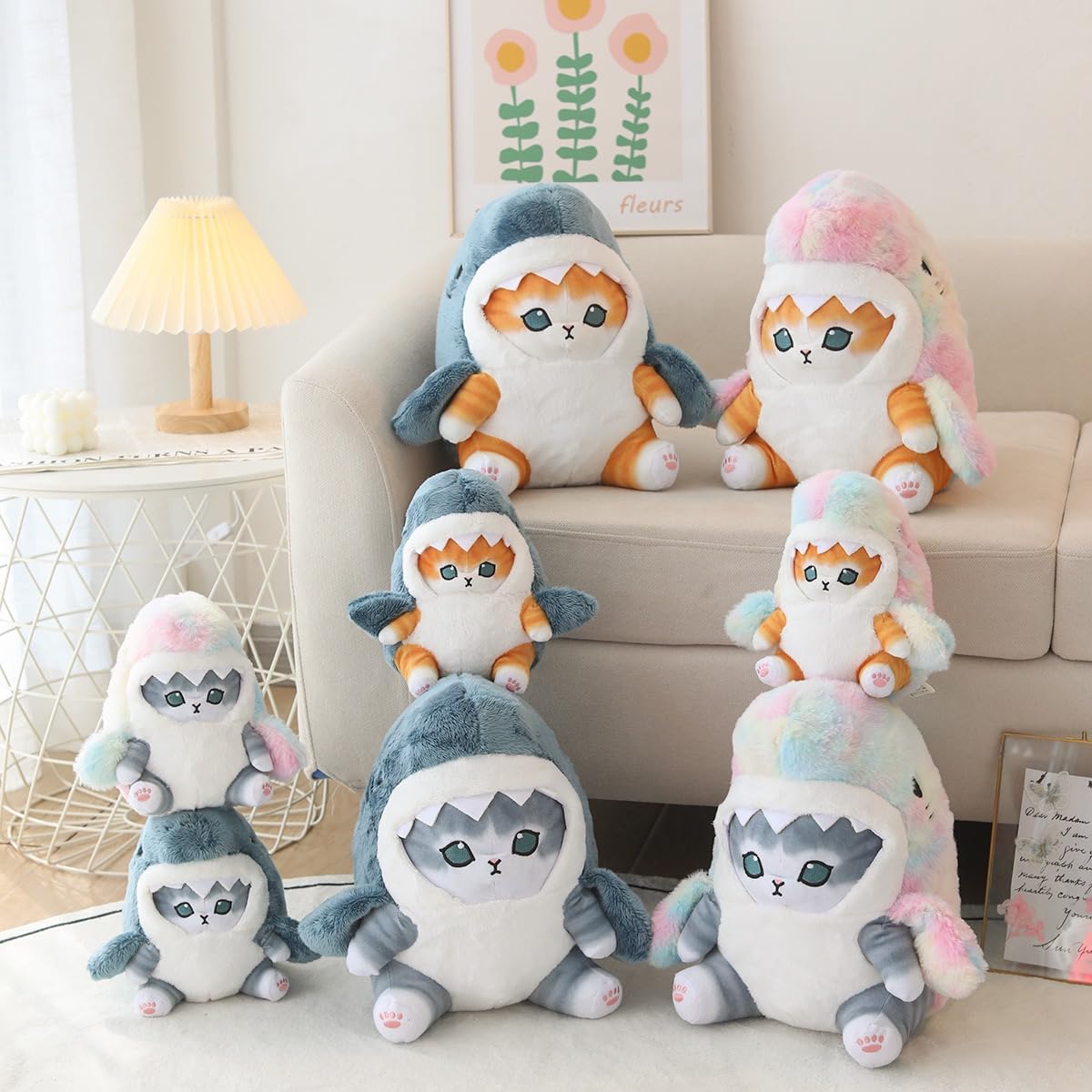 sunfedmiss Shark Cat Plush Toy - Cute Shark Cat Stuffed Animal 8in (Blue Grey)