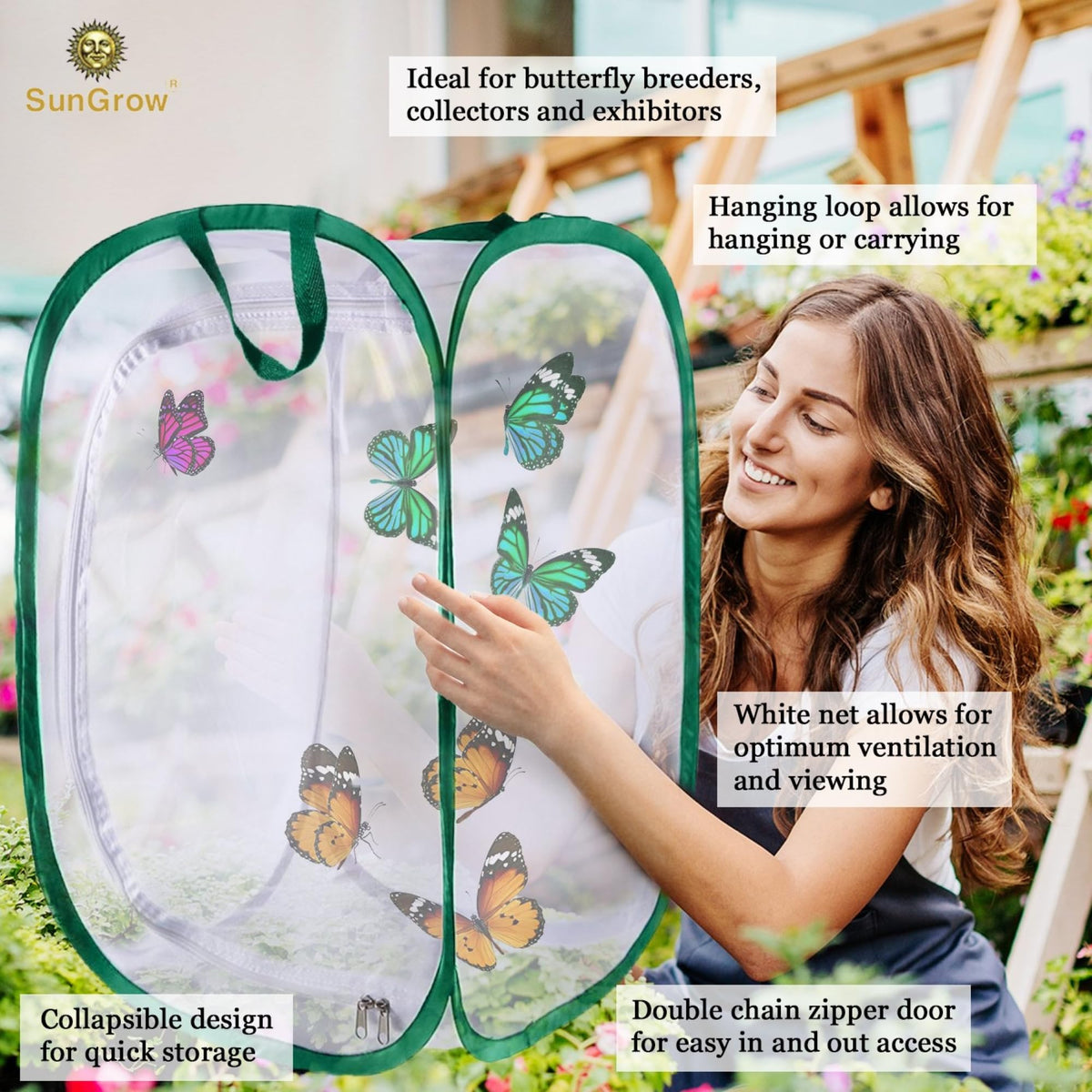 SunGrow Foldable Butterfly Habitat – 24-inch Cage for Caterpillars and Insect Rearing