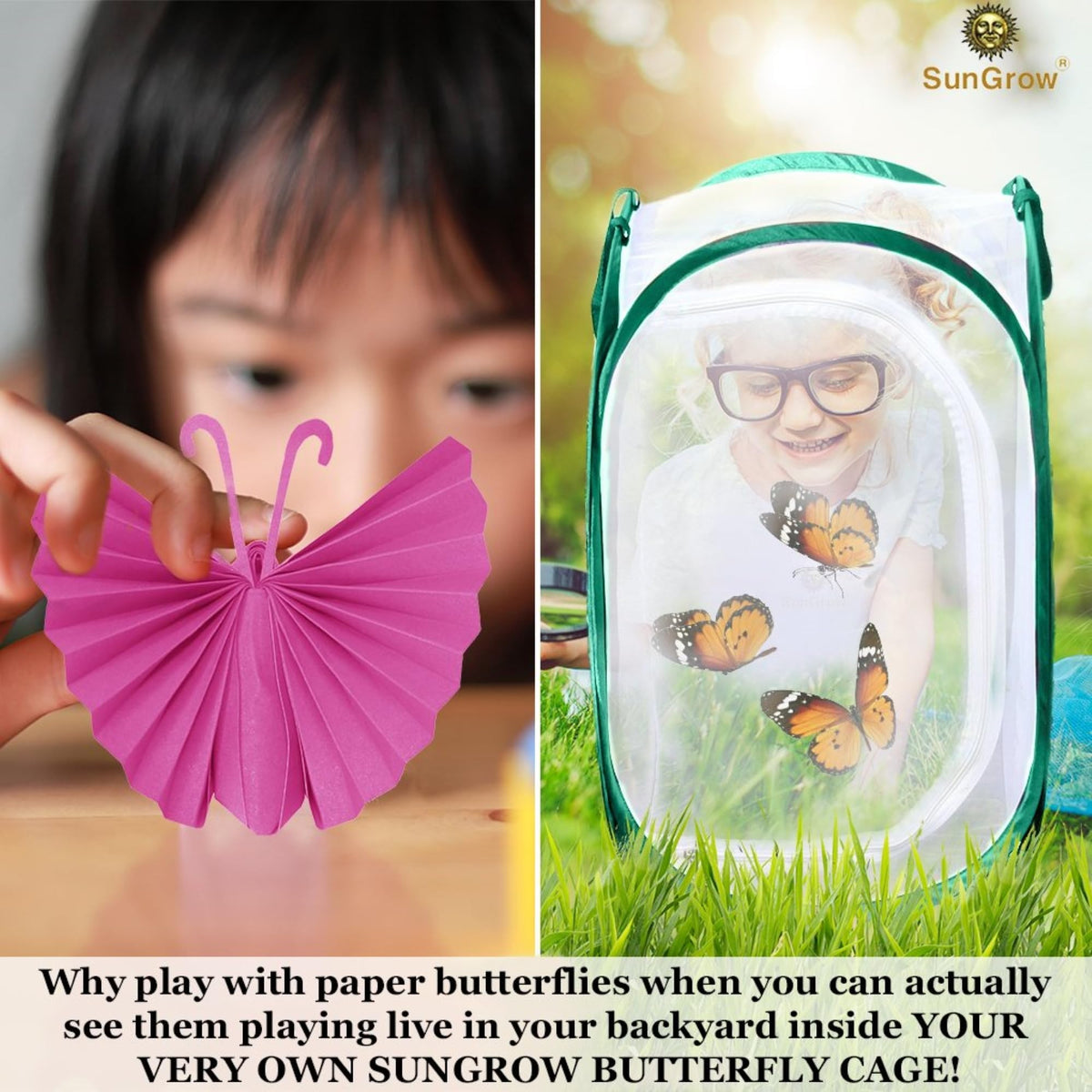 SunGrow Foldable Butterfly Habitat – 24-inch Cage for Caterpillars and Insect Rearing