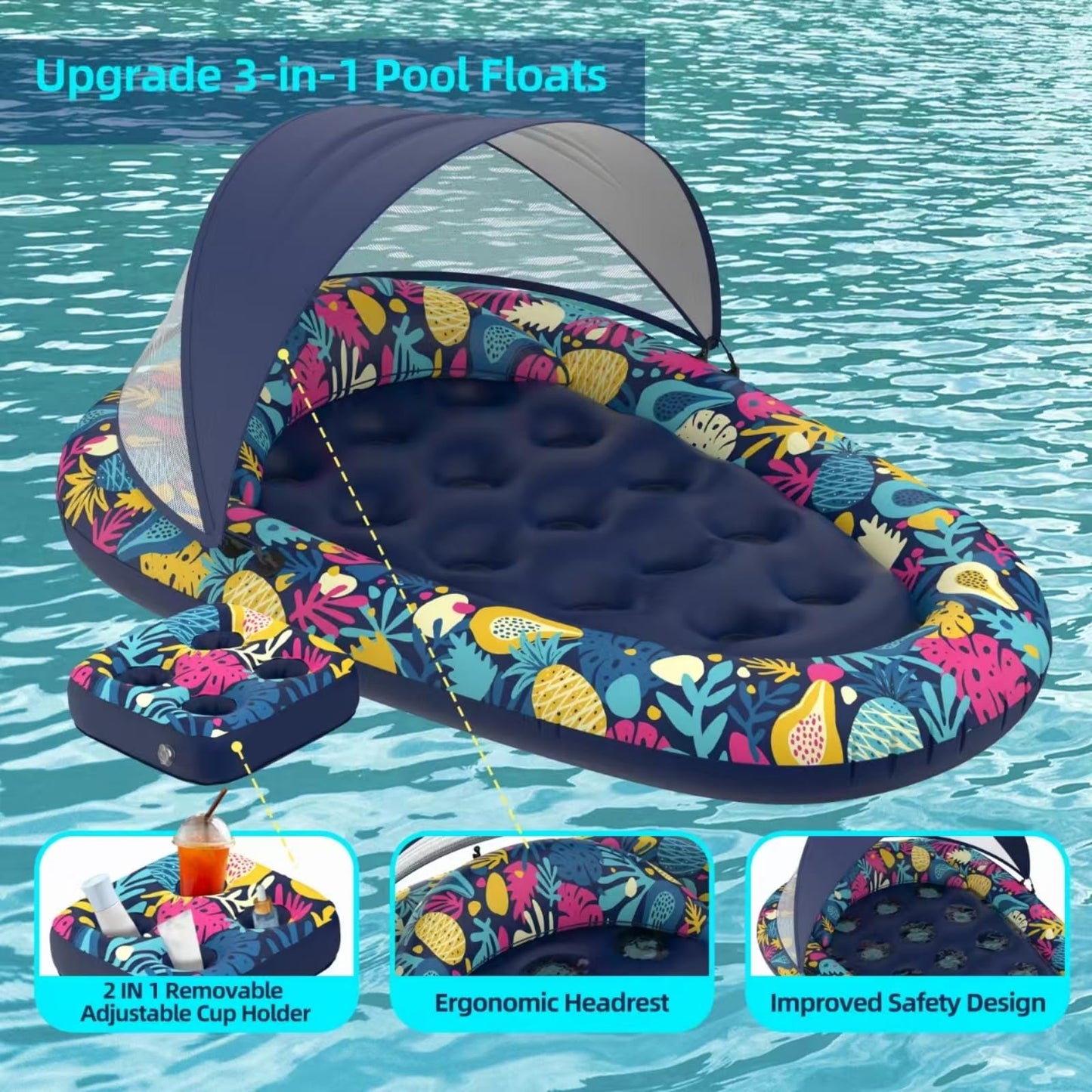 Sunikko X 3-in-1 Pool Float with Canopy & Cup Holder – Large 73 x 48 Inch Inflatable Lounger for Adults
