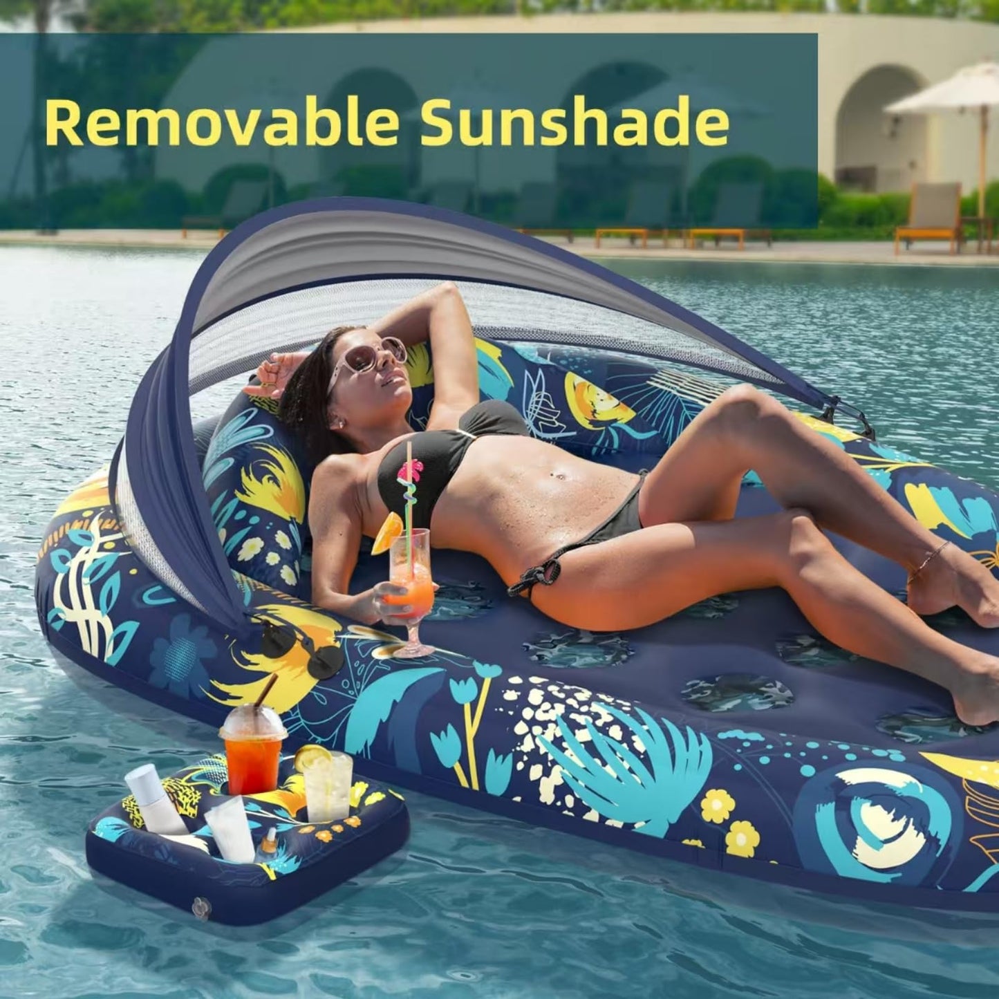 Sunikko X 3-in-1 Pool Float with Canopy and Cup Holder | Large 73 x 48, Heavy-Duty