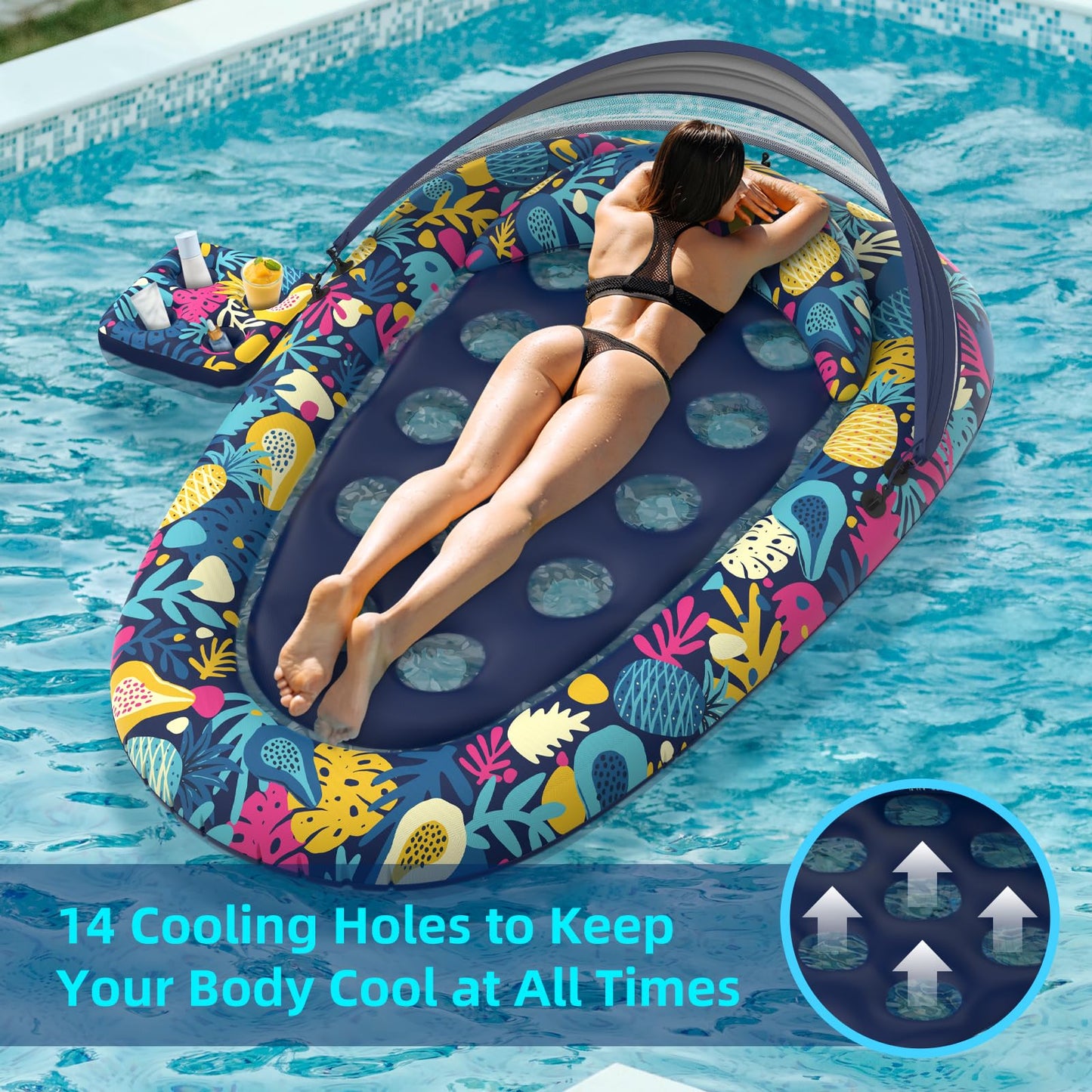 Sunikko X 3-in-1 Pool Float with Canopy & Cup Holder – Large 73 x 48 Inch Inflatable Lounger for Adults