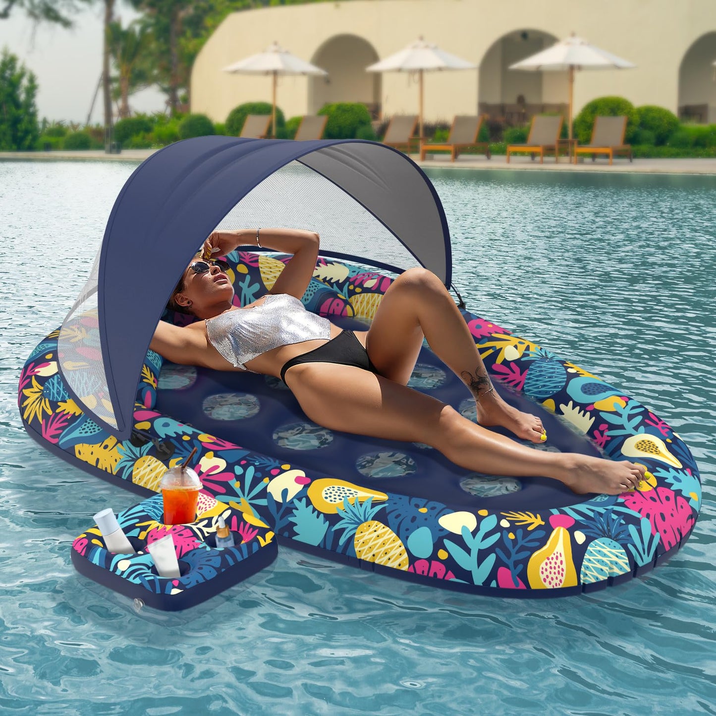 Sunikko X 3-in-1 Pool Float with Canopy & Cup Holder – Large 73 x 48 Inch Inflatable Lounger for Adults