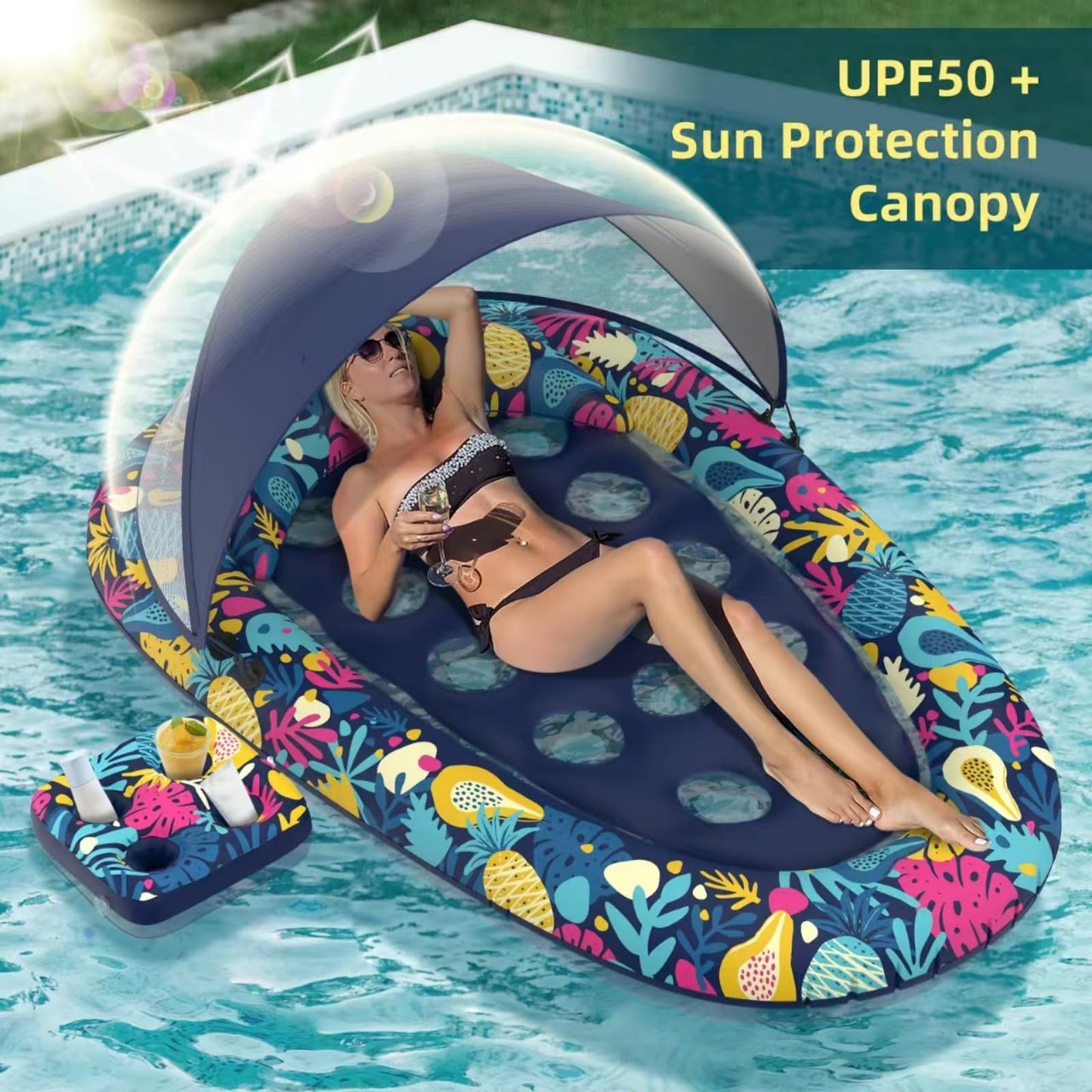 Sunikko X 3-in-1 Pool Float with Canopy & Cup Holder – Large 73 x 48 Inch Inflatable Lounger for Adults