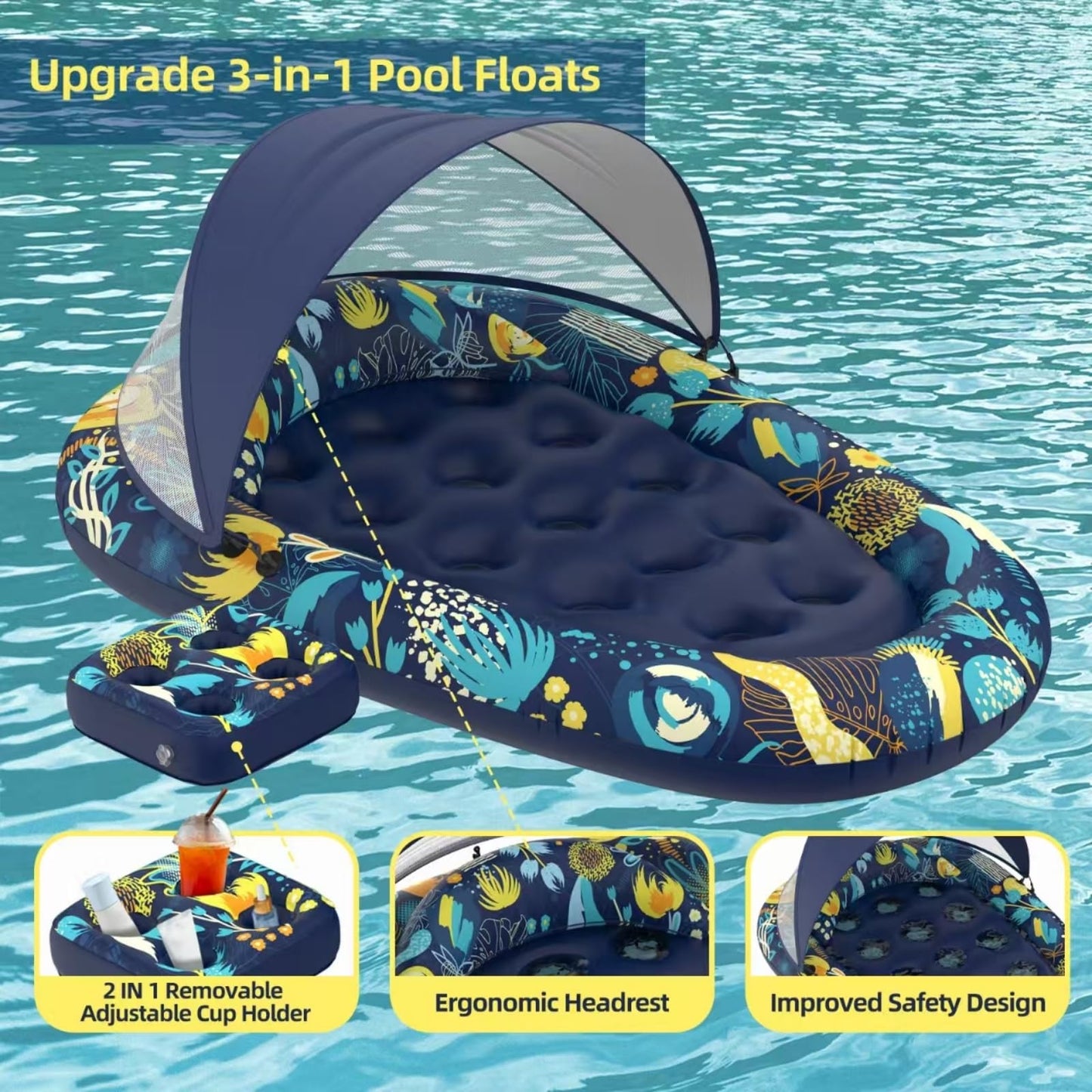 Sunikko X 3-in-1 Pool Float with Canopy and Cup Holder | Large 73 x 48, Heavy-Duty