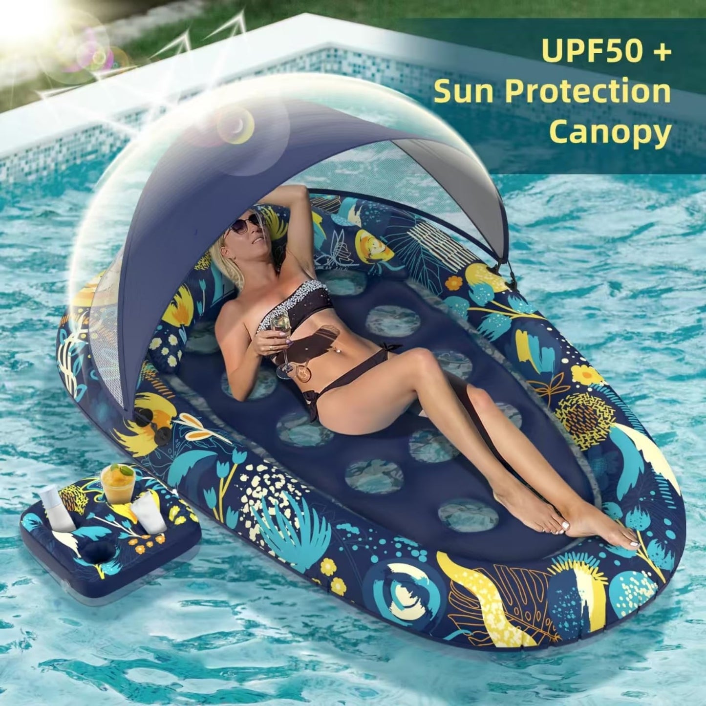 Sunikko X 3-in-1 Pool Float with Canopy and Cup Holder | Large 73 x 48, Heavy-Duty