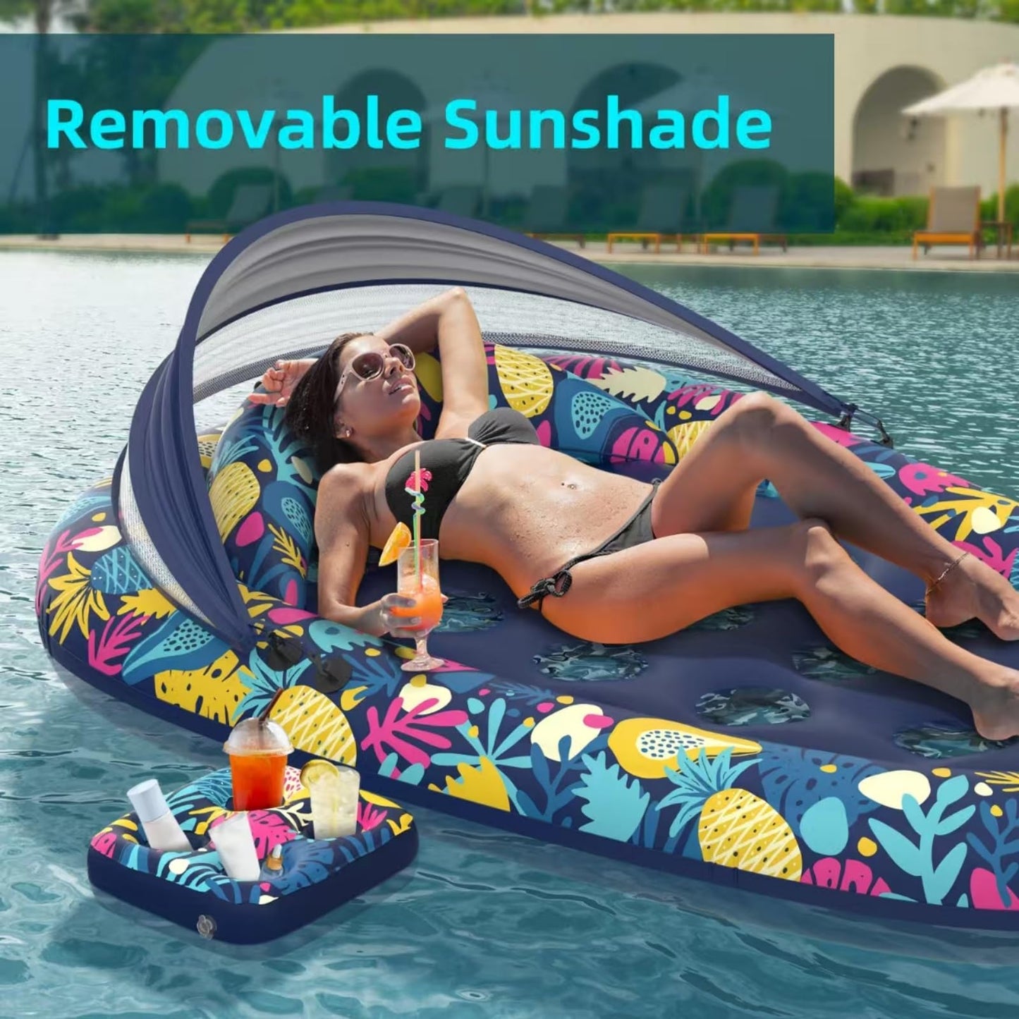 Sunikko X 3-in-1 Pool Float with Canopy & Cup Holder – Large 73 x 48 Inch Inflatable Lounger for Adults