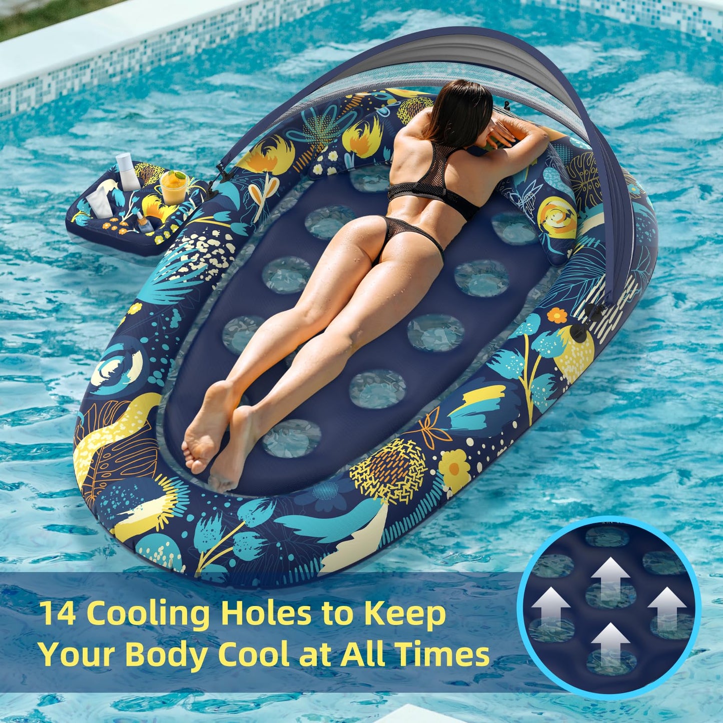 Sunikko X 3-in-1 Pool Float with Canopy and Cup Holder | Large 73 x 48, Heavy-Duty