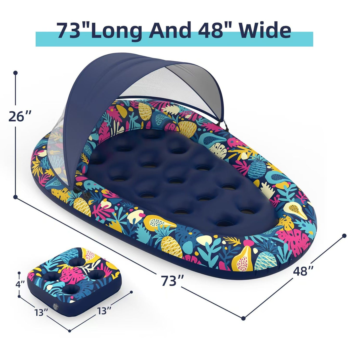 Sunikko X 3-in-1 Pool Float with Canopy & Cup Holder – Large 73 x 48 Inch Inflatable Lounger for Adults