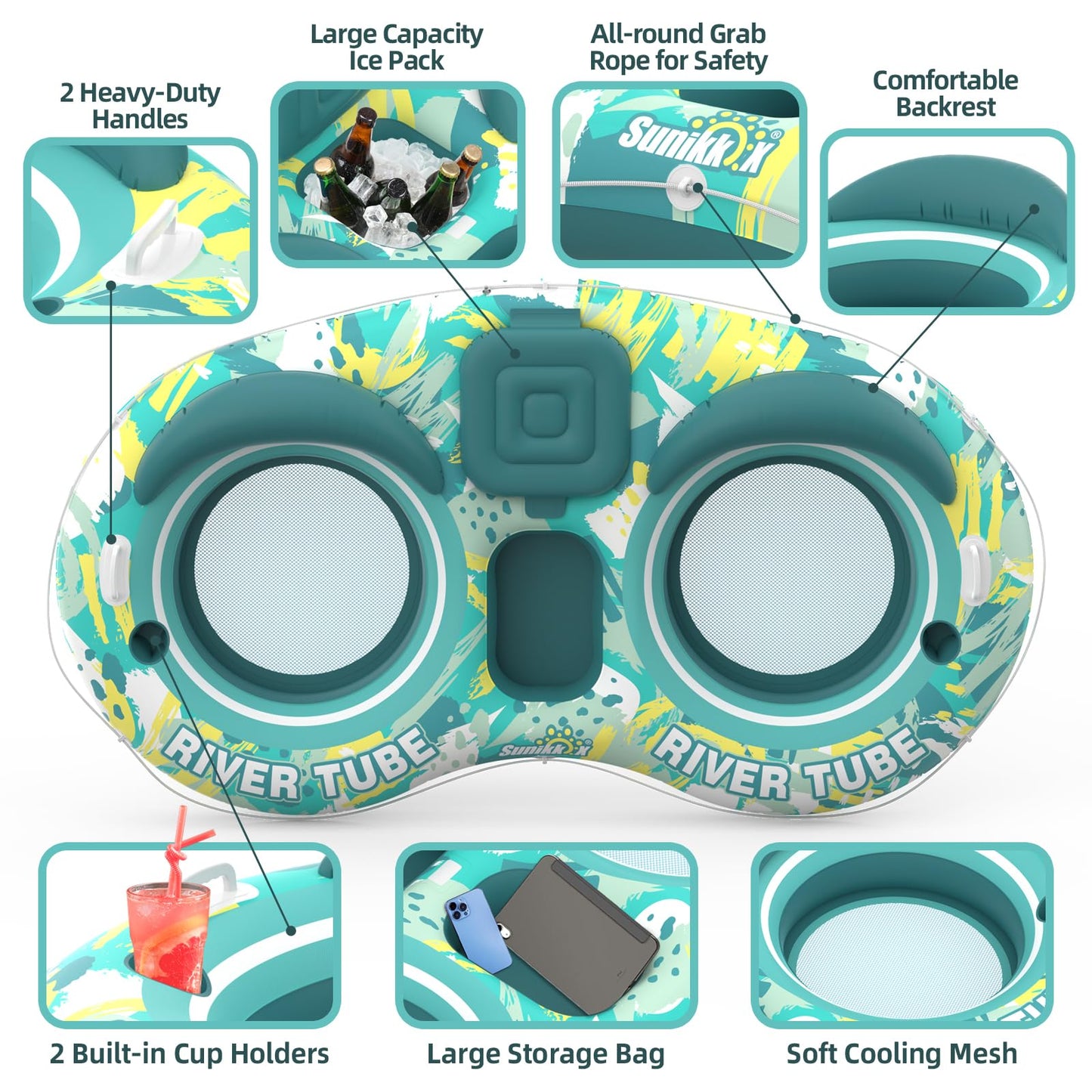 Sunikko X 5-in-1 Pool Floats for Adults – Two-Person Lounge with Built-In Cooler & Cup Holders