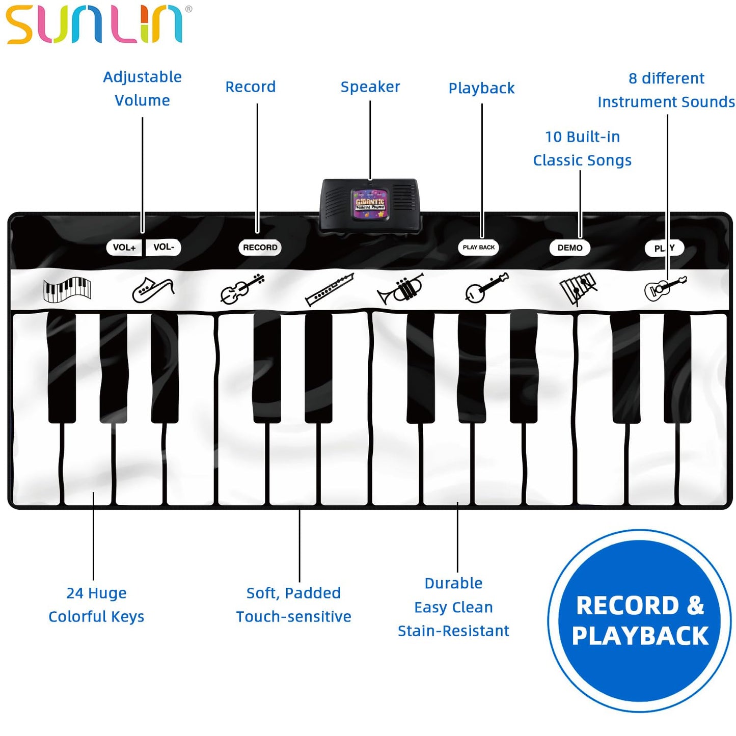 Sunlin 6ft Piano Mat Playmat – 24 Keys, 10 Demos, 8 Instrument Sounds, Record & Playback