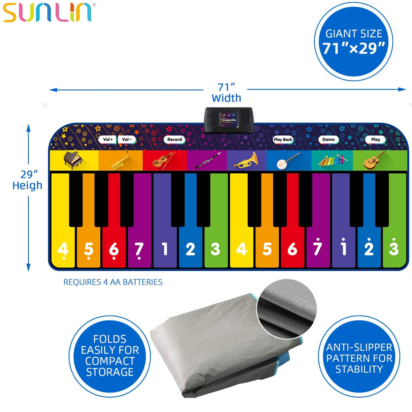 SUNLIN 6 ft Floor Piano Mat – Giant 24-Key Musical Toy with 10 Built-in Songs