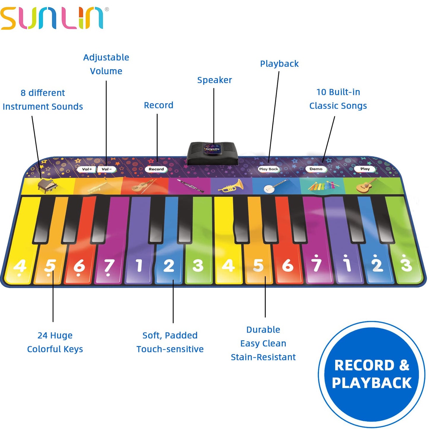 SUNLIN 6 ft Floor Piano Mat – Giant 24-Key Musical Toy with 10 Built-in Songs