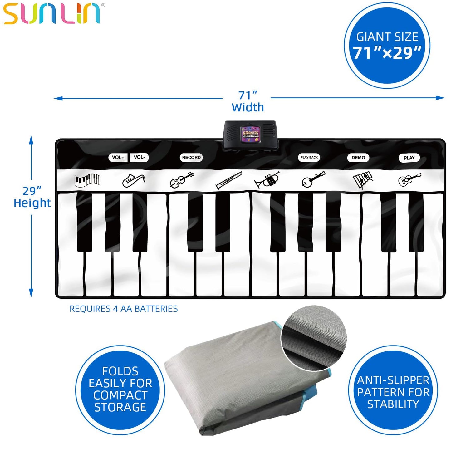 Sunlin 6ft Piano Mat Playmat – 24 Keys, 10 Demos, 8 Instrument Sounds, Record & Playback