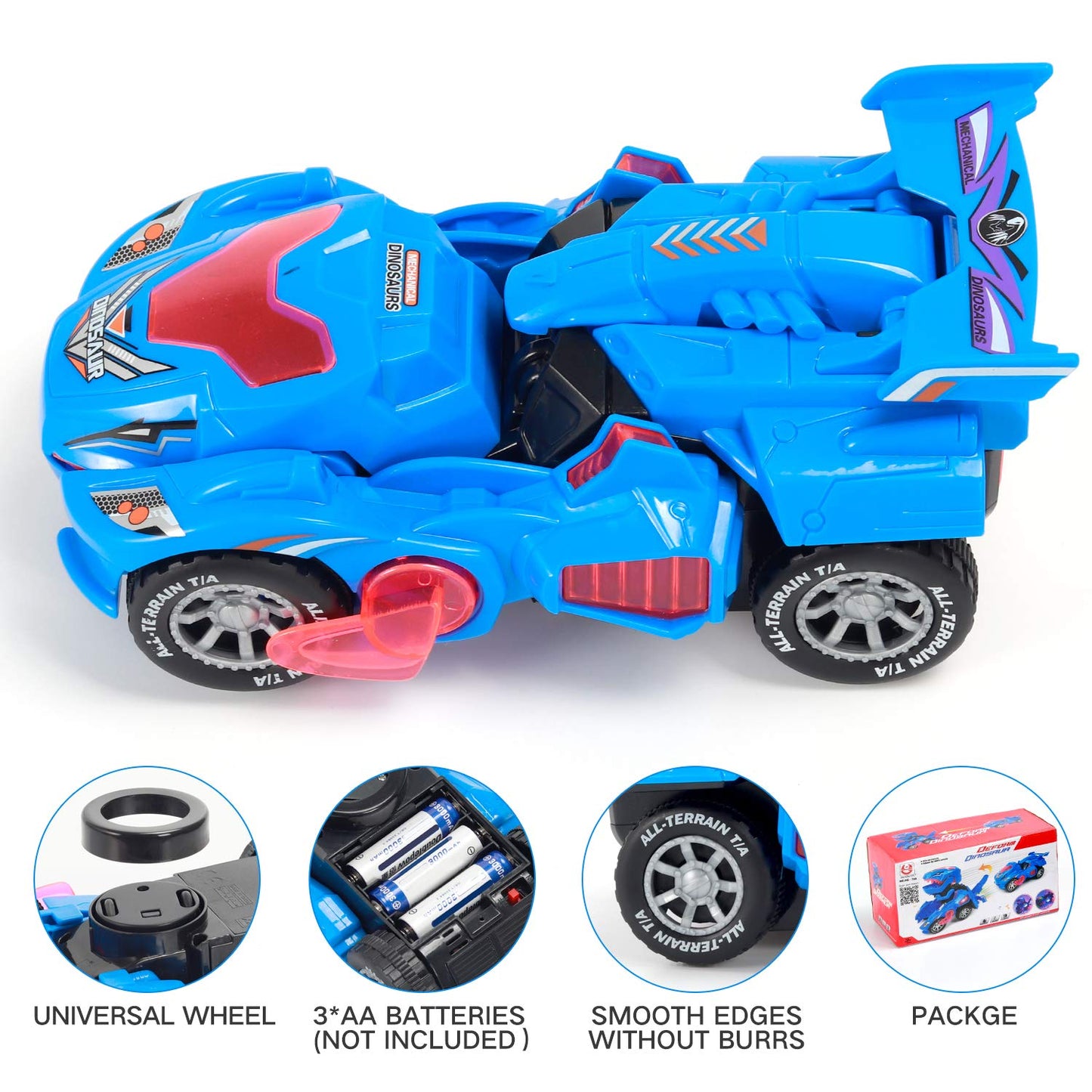 Sunnhan Transformer Toys Dinosaur Car - 2-in-1 LED Light & Sound, Blue