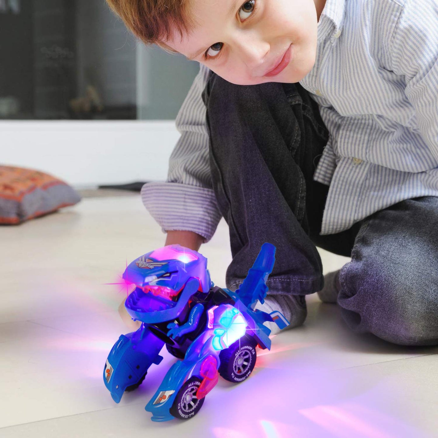 Sunnhan Transformer Toys Dinosaur Car - 2-in-1 LED Light & Sound, Blue