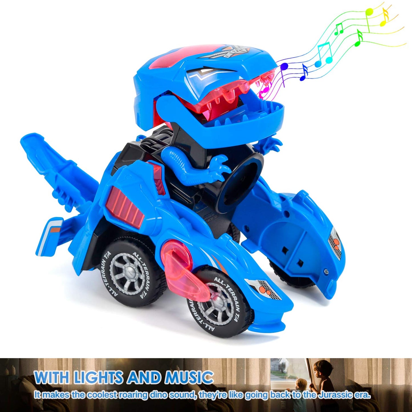 Sunnhan Transformer Toys Dinosaur Car - 2-in-1 LED Light & Sound, Blue