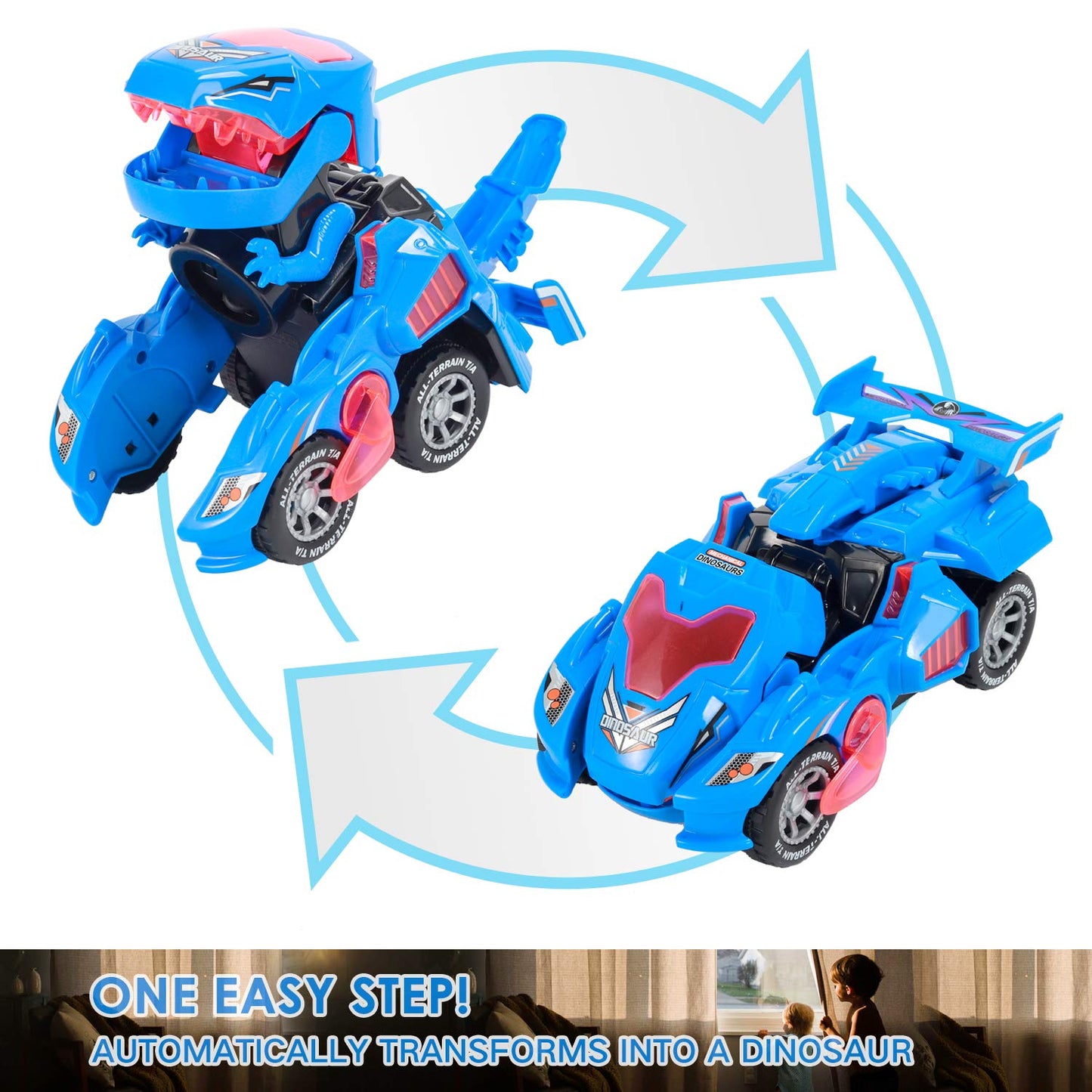 Sunnhan Transformer Toys Dinosaur Car - 2-in-1 LED Light & Sound, Blue