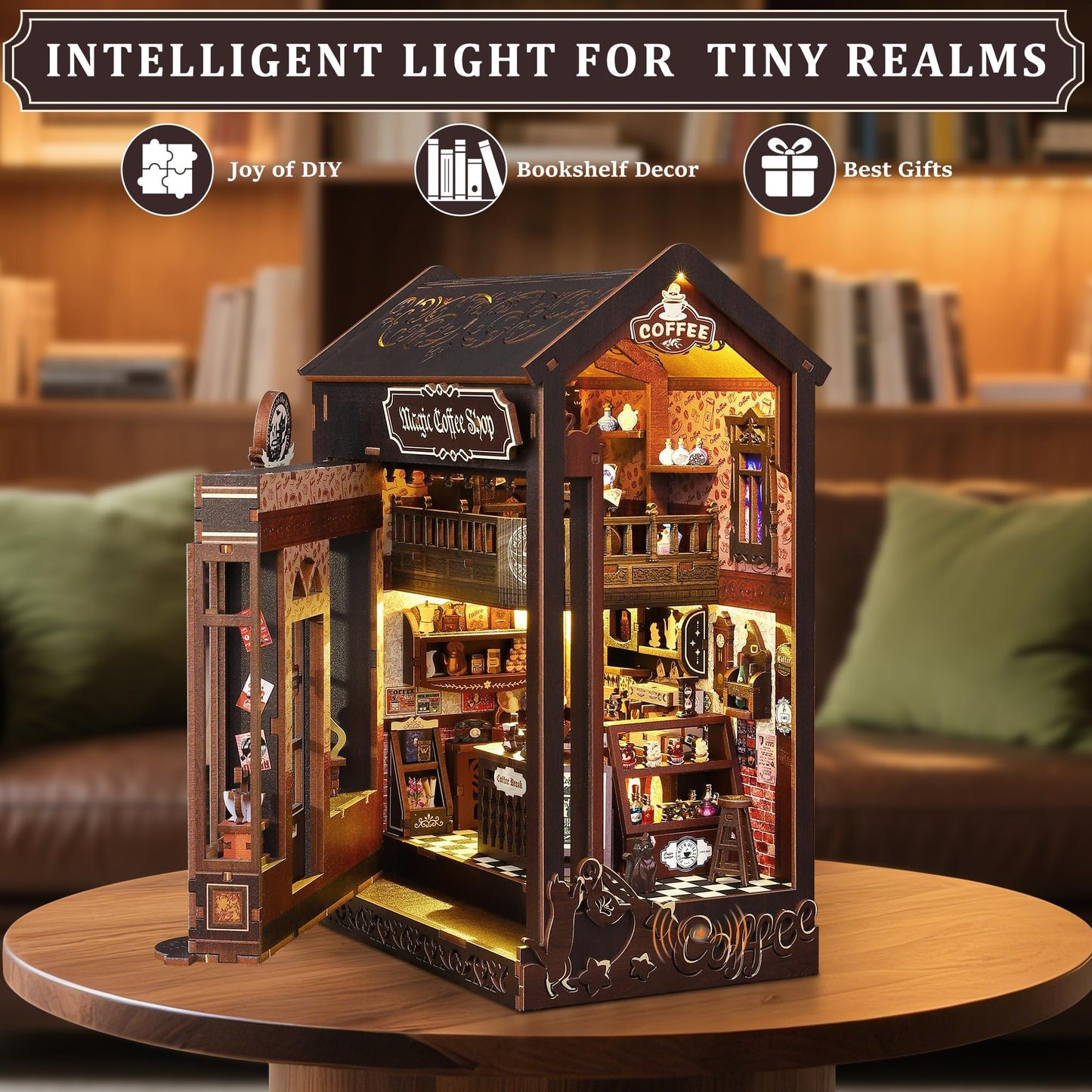 SUNNINO Book Nook Kit – DIY 3D Wooden Doll House with LED Lights