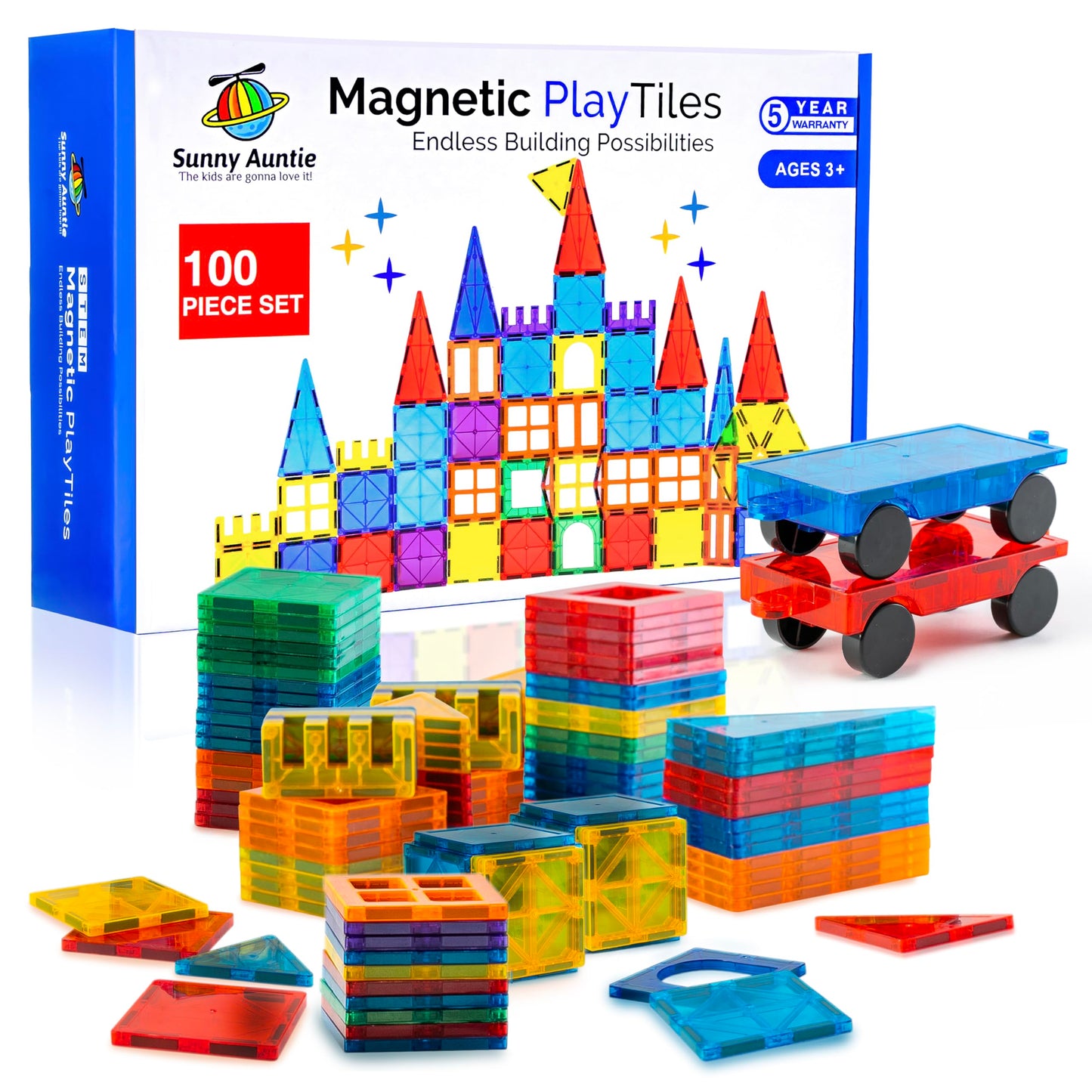 Sunny Auntie Magnetic Tiles 100 PCS with 2 Cars – Creative STEM Toy for Kids 3-8