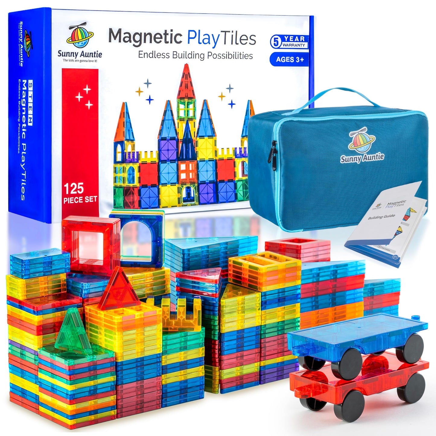 Sunny Auntie Magnetic Tiles 125 PCS XL Set – Building Toys for Kids 3–8 + Carry Case
