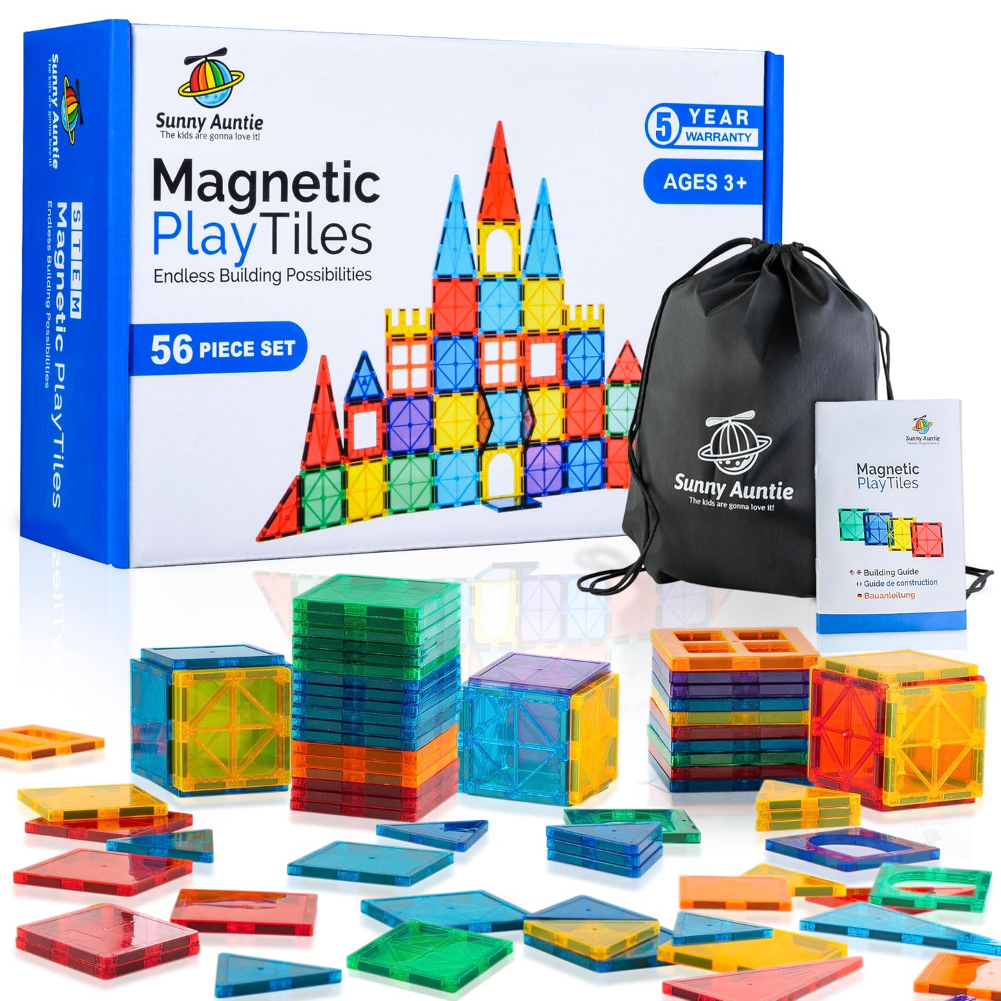 Sunny Auntie Magnetic Tiles 56 PCS – STEM Building Tiles for Kids Ages 3-8
