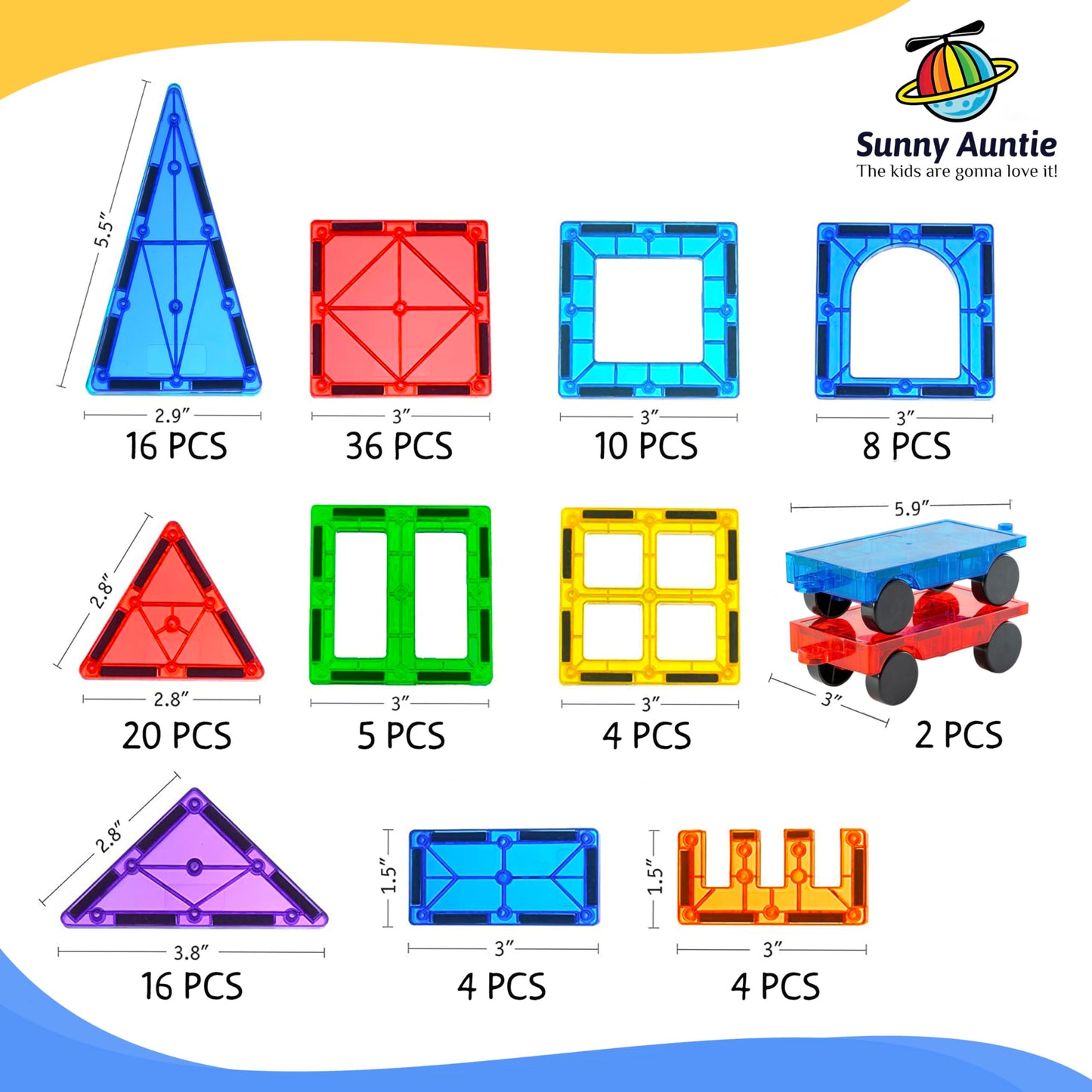 Sunny Auntie Magnetic Tiles 125 PCS XL Set – Building Toys for Kids 3–8 + Carry Case