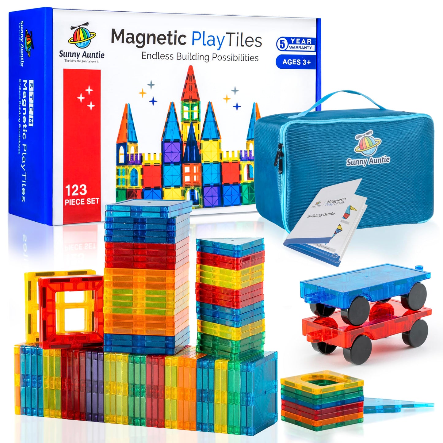 Sunny Auntie Magnetic Tiles 123-Piece Set with Zippered Case – STEM Toy for Ages 3–8