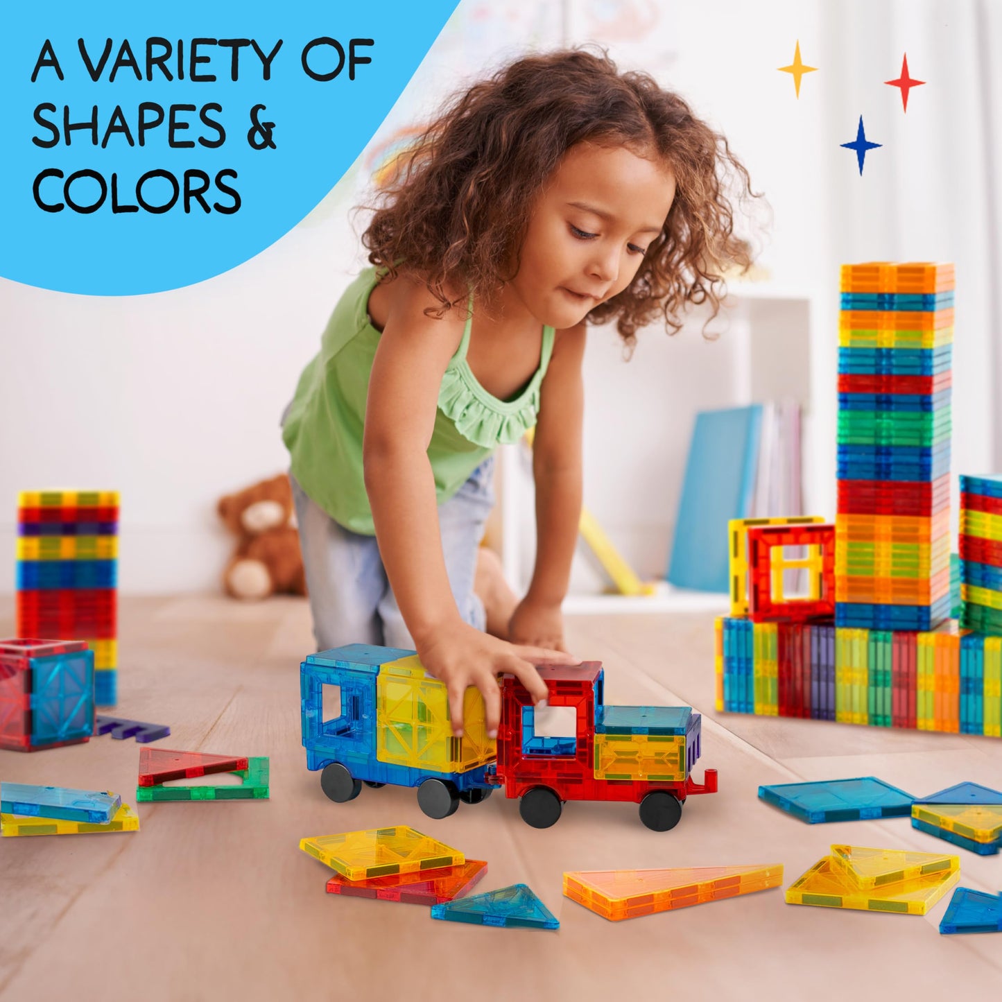 Sunny Auntie Magnetic Tiles XL Set – 240 PCS, 125 Tiles + 2 Cars + Carrying Case | Gift Box
