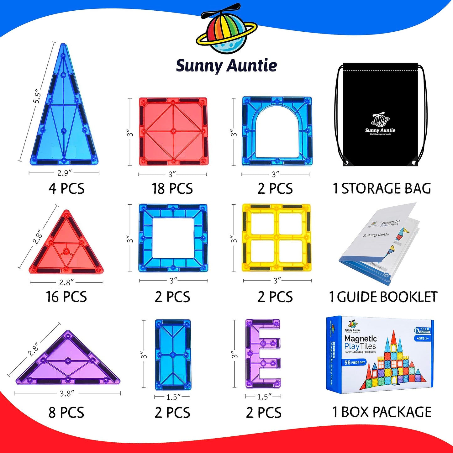 Sunny Auntie Magnetic Tiles 56 PCS – STEM Building Tiles for Kids Ages 3-8