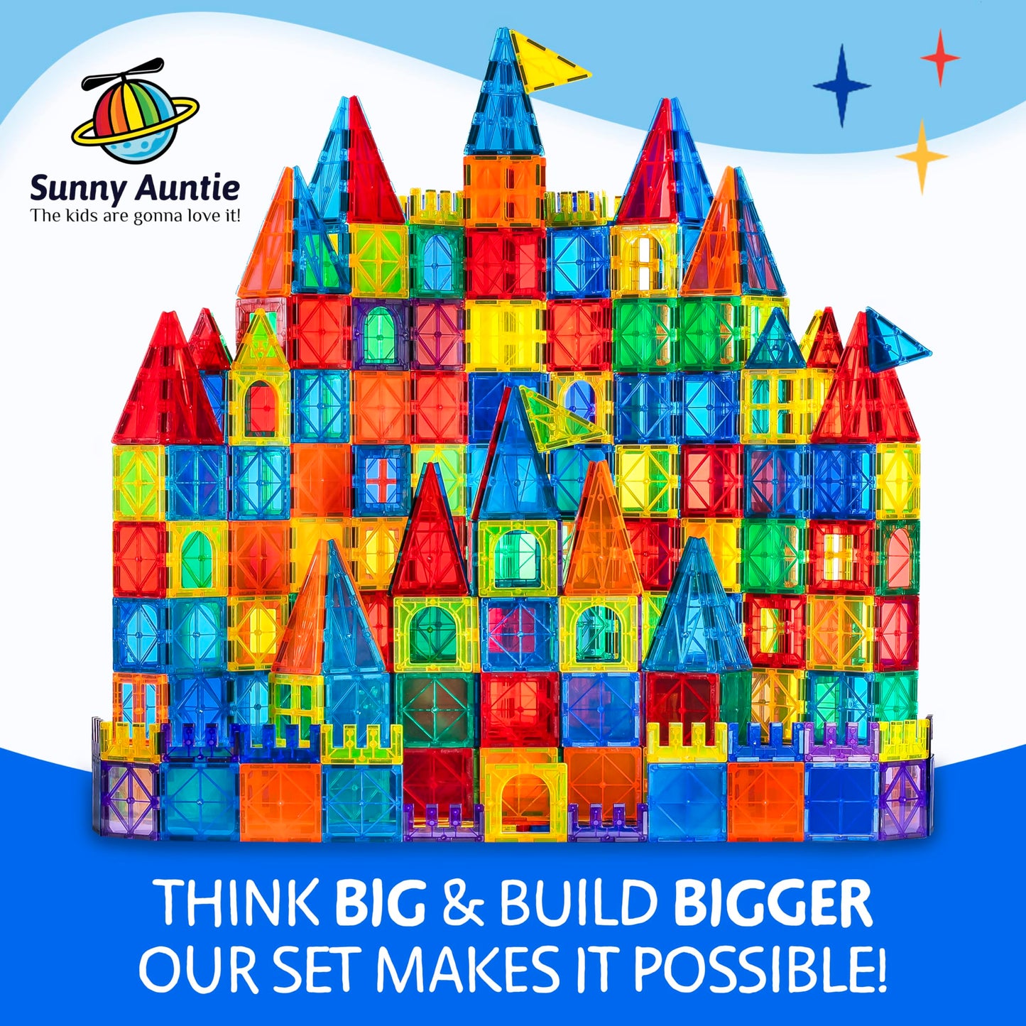 Sunny Auntie Magnetic Tiles XL Set – 240 PCS, 125 Tiles + 2 Cars + Carrying Case | Gift Box