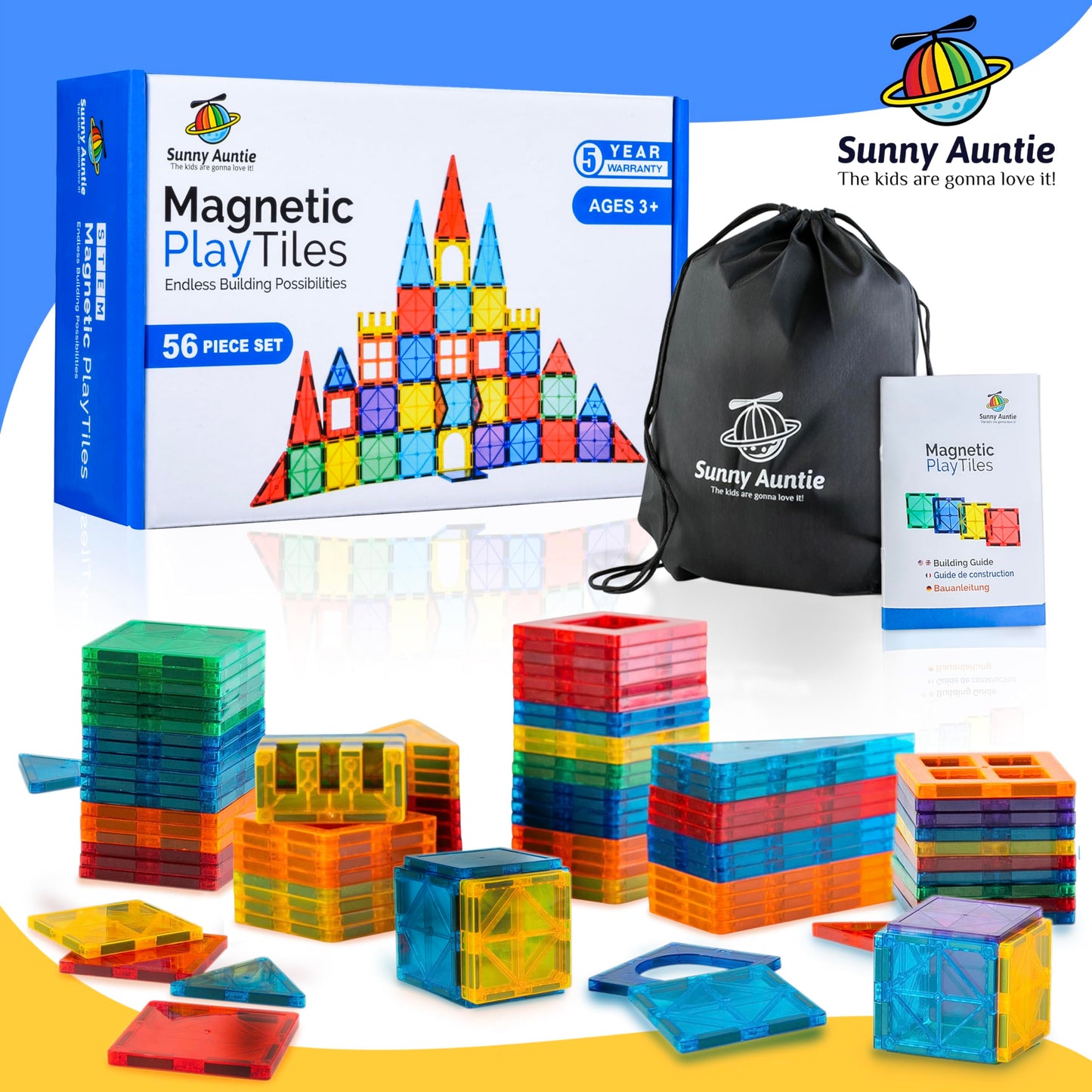 Sunny Auntie Magnetic Tiles 56 PCS – STEM Building Tiles for Kids Ages 3-8