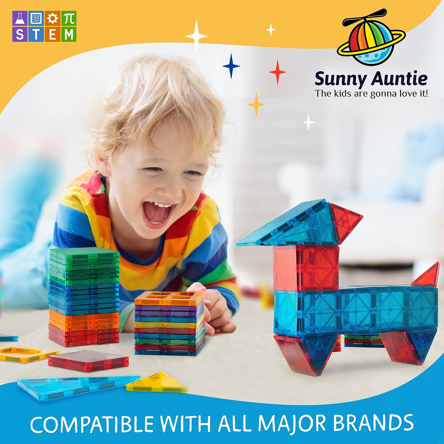 Sunny Auntie Magnetic Tiles 56 PCS – STEM Building Tiles for Kids Ages 3-8