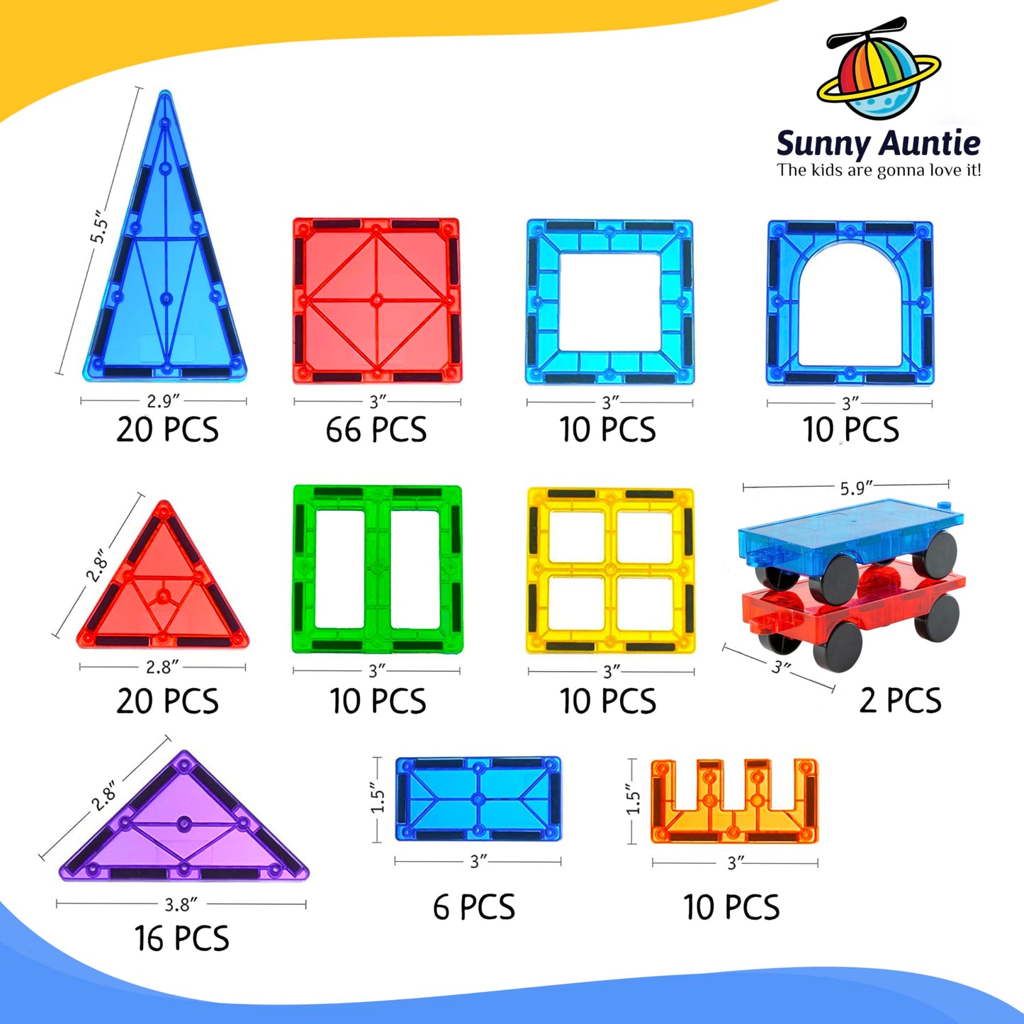 Sunny Auntie Magnetic Tiles 180 PCS XL Set – STEM Building Toy for Kids 3-8 | Gift Box & Carry Case