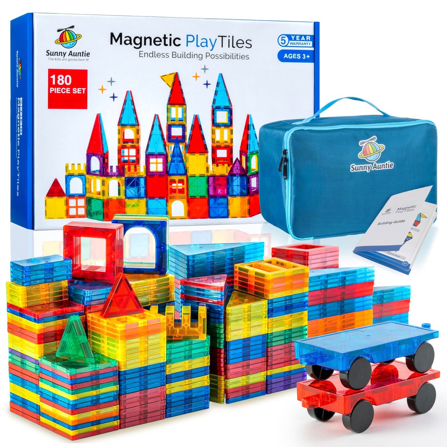 Sunny Auntie Magnetic Tiles 180 PCS XL Set – STEM Building Toy for Kids 3-8 | Gift Box & Carry Case
