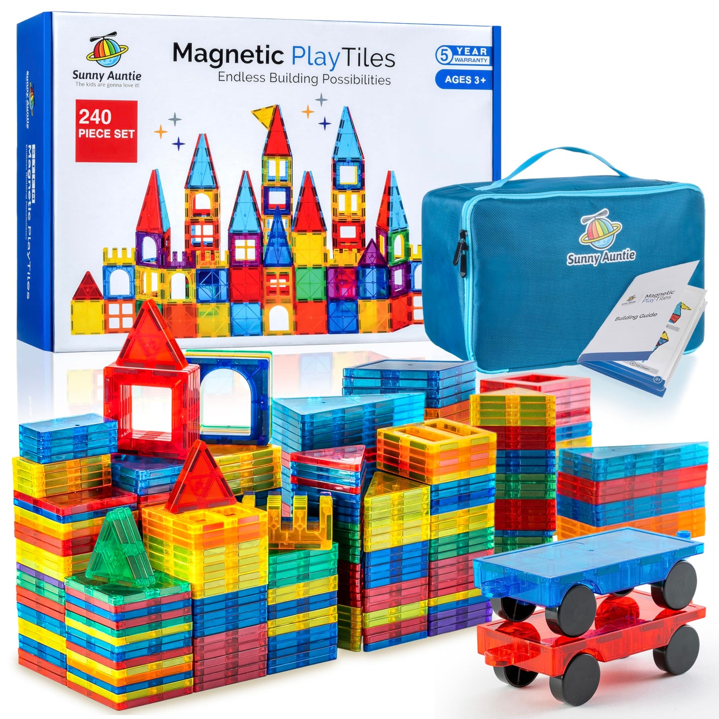 Sunny Auntie Magnetic Tiles XL Set – 240 PCS, 125 Tiles + 2 Cars + Carrying Case | Gift Box