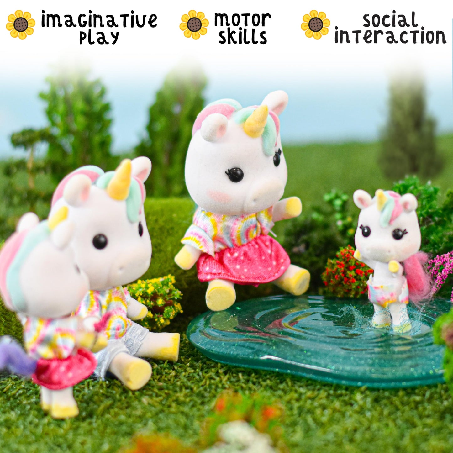 Sunny Days Entertainment Honey Bee Acres Rainbow Ridge Daydreamers Unicorn Family – 4 Miniature Flocked Dolls
