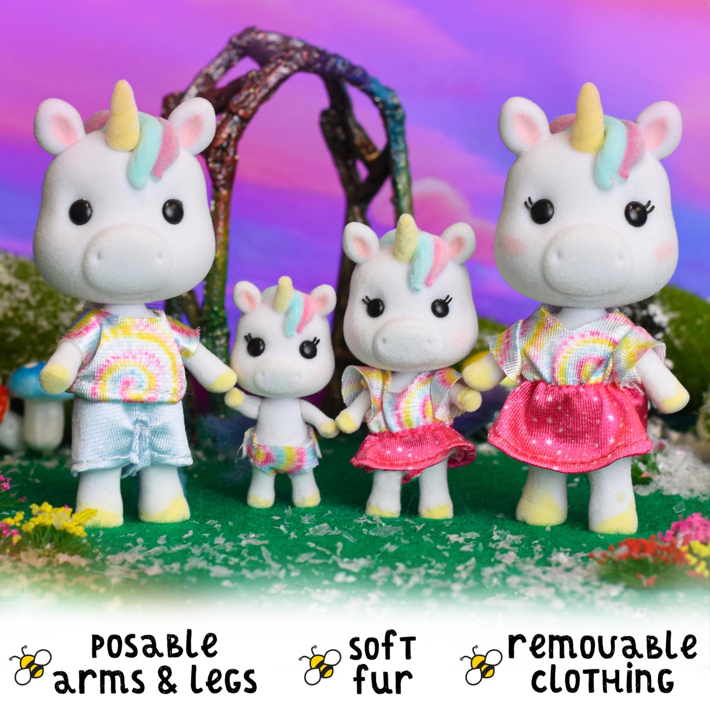 Sunny Days Entertainment Honey Bee Acres Rainbow Ridge Daydreamers Unicorn Family – 4 Miniature Flocked Dolls