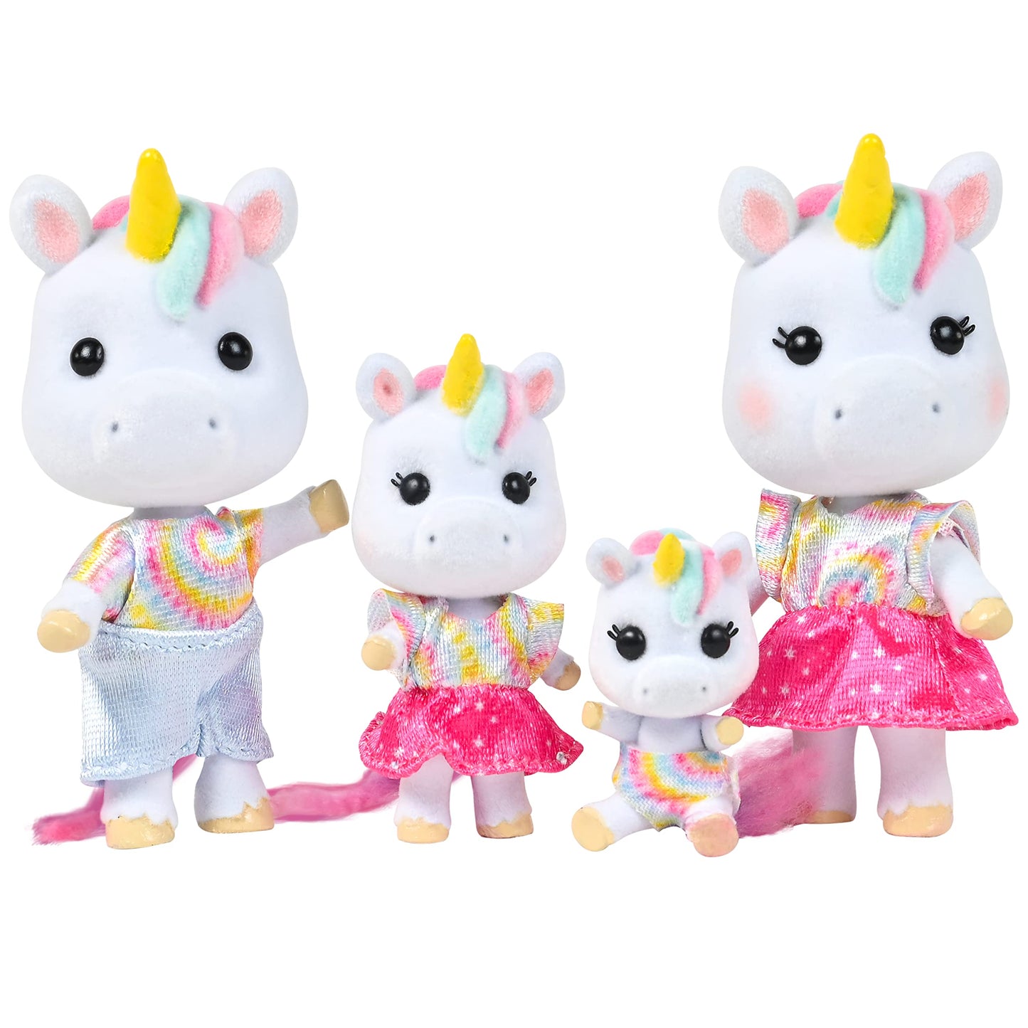 Sunny Days Entertainment Honey Bee Acres Rainbow Ridge Daydreamers Unicorn Family – 4 Miniature Flocked Dolls