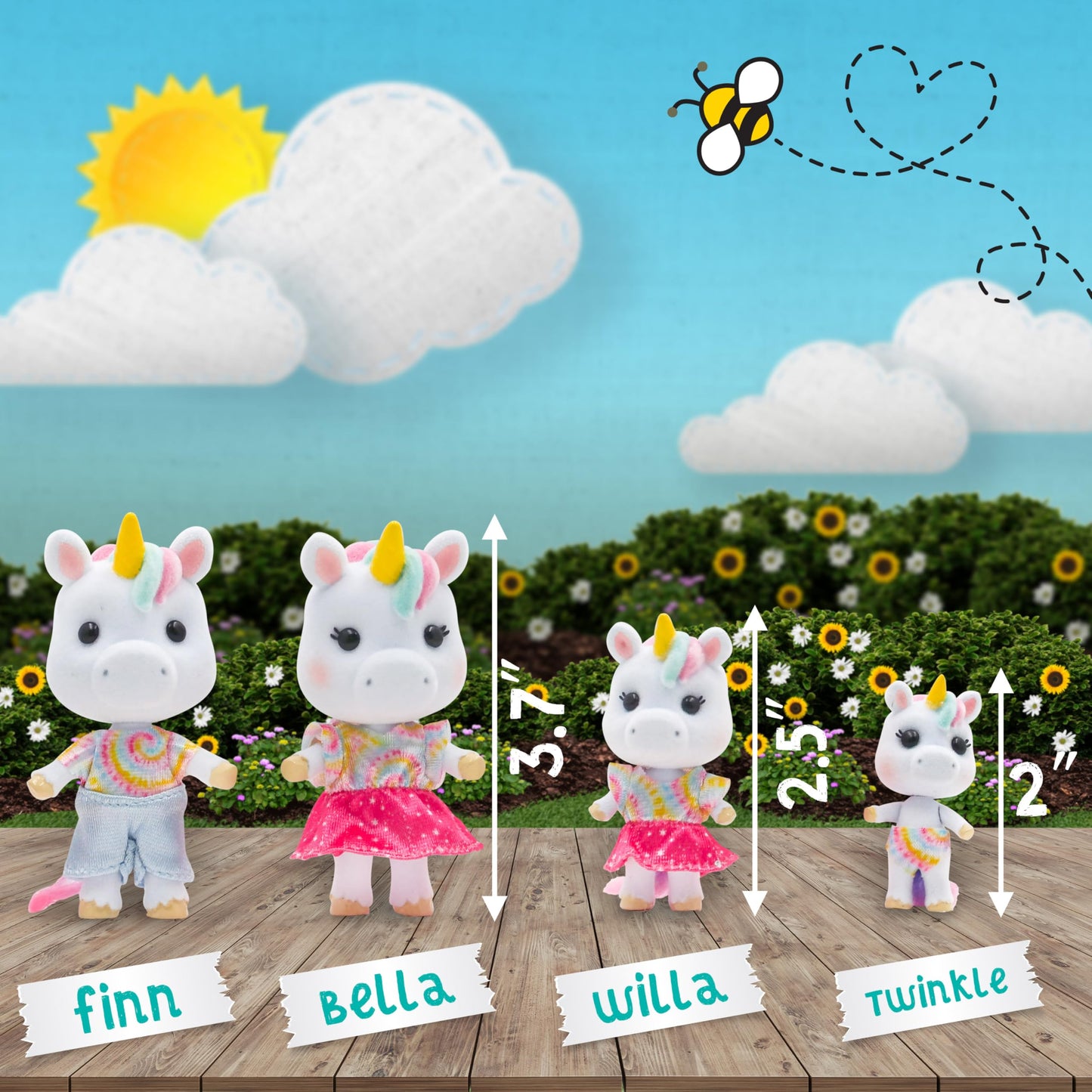 Sunny Days Entertainment Honey Bee Acres Rainbow Ridge Daydreamers Unicorn Family – 4 Miniature Flocked Dolls