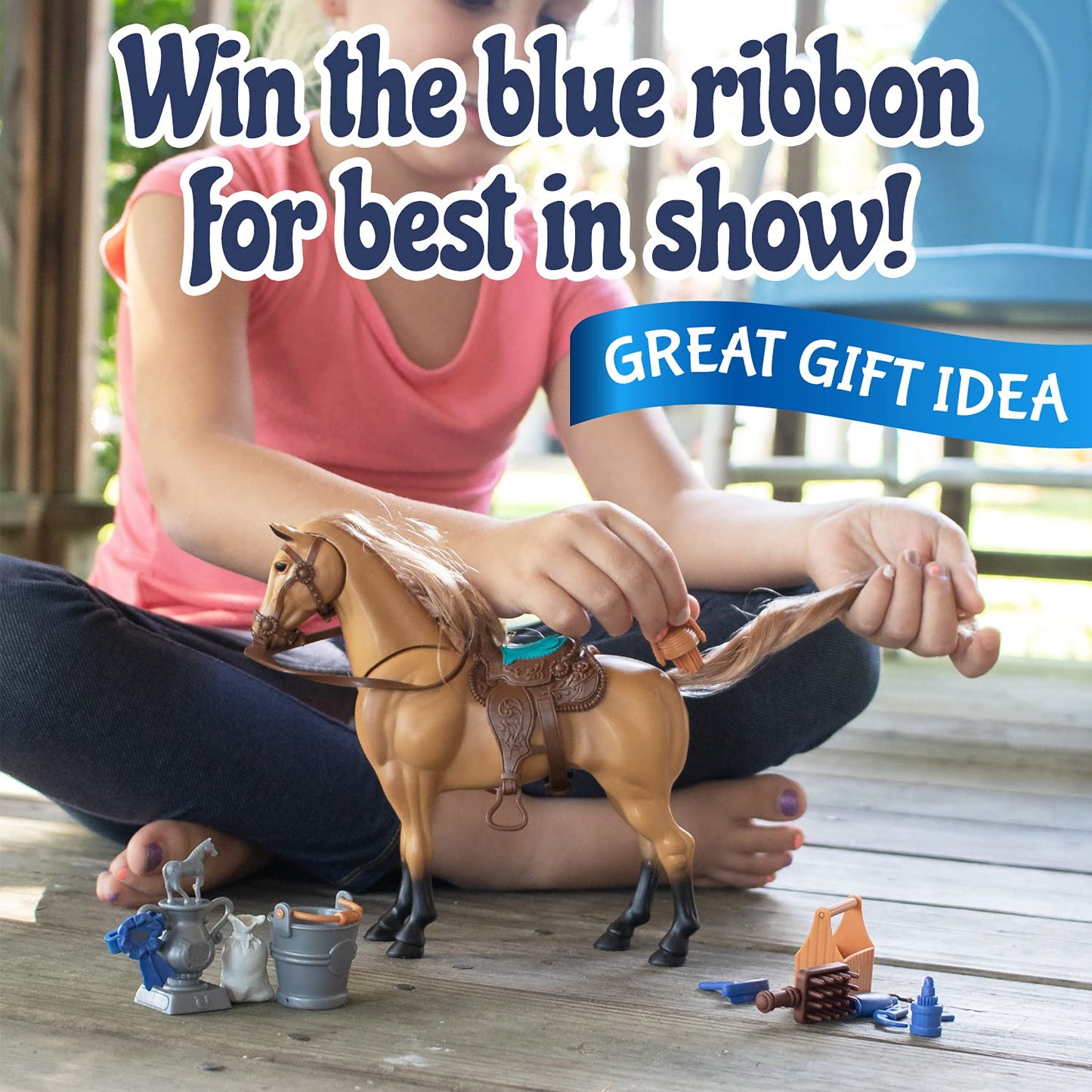 Sunny Days Entertainment Quarter Horse with Moveable Head & Realistic Sound | 14 Grooming Accessories | Blue Ribbon Champions Deluxe Toy Horses