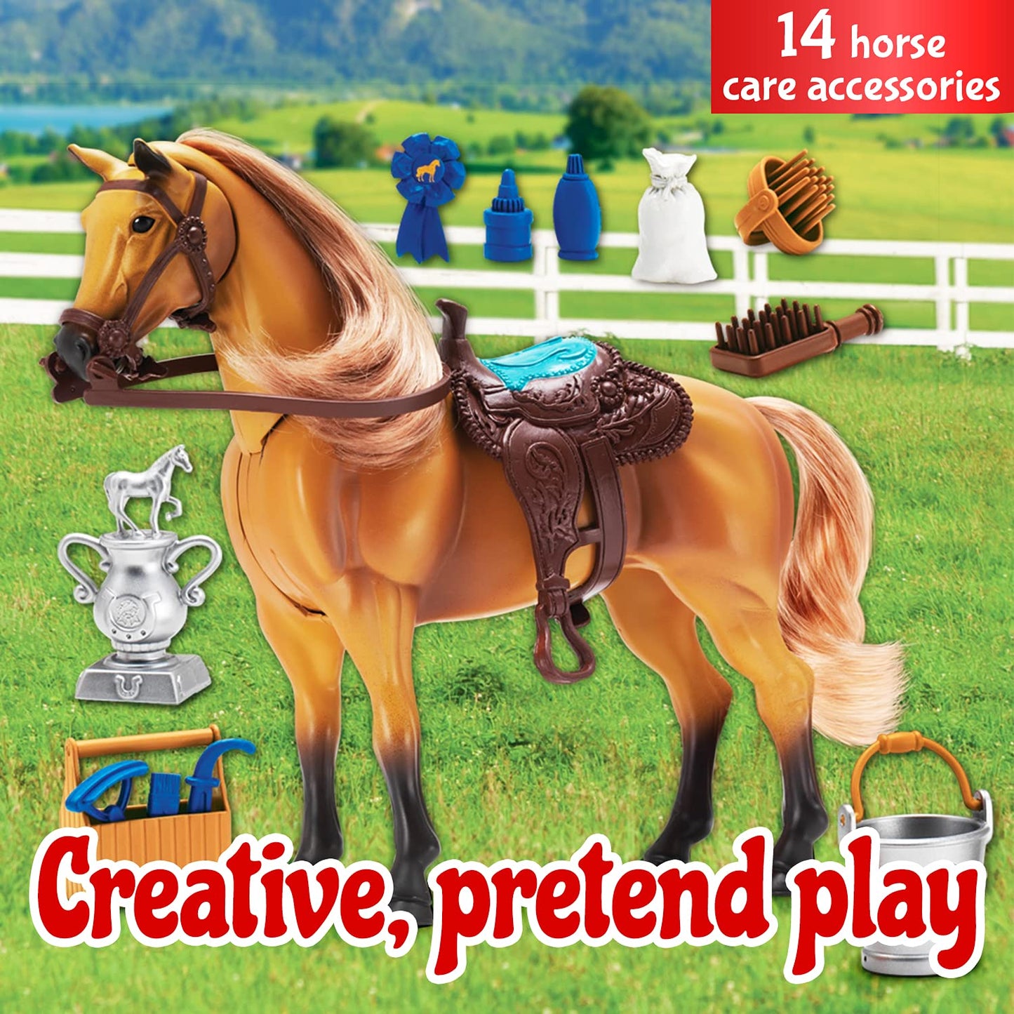 Sunny Days Entertainment Quarter Horse with Moveable Head & Realistic Sound | 14 Grooming Accessories | Blue Ribbon Champions Deluxe Toy Horses