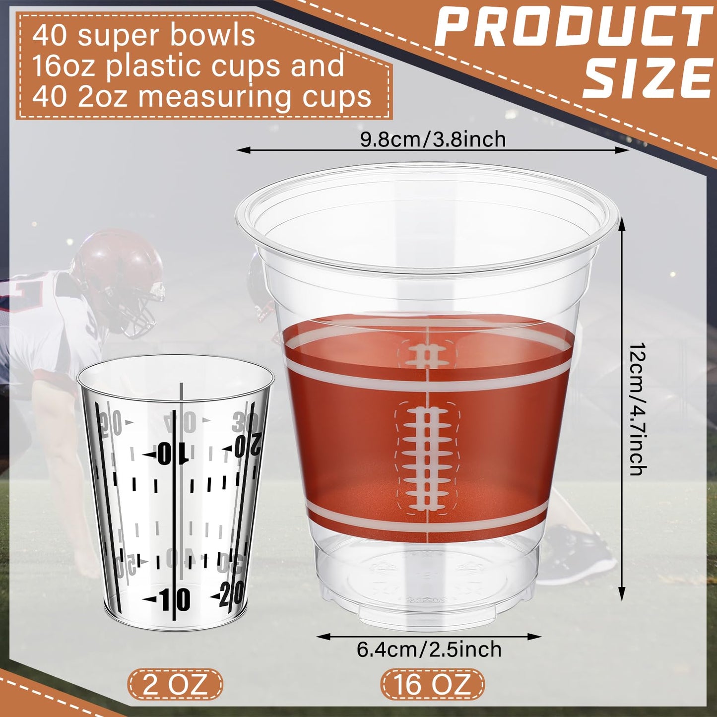 Sunnychicc Football Party Cups Kit — 40x 16oz Plastic Cups + 40x 2oz Shot Glasses, Bulk Disposable Game Day Supplies